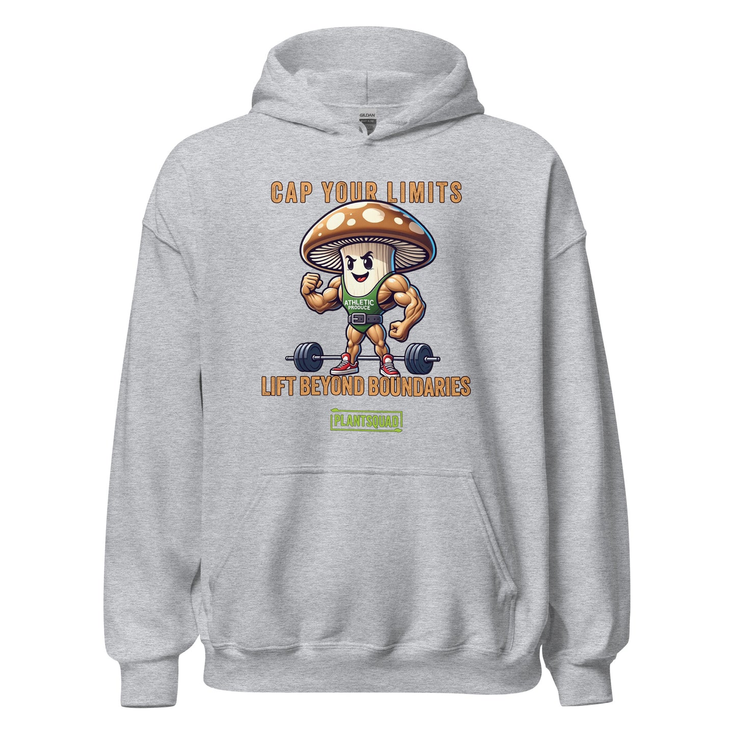 The Plantsquad Mushroom "Cap Your Limits Lift Beyond Boundaries" - Unisex Hoodie is a black weight lifting hoodie featuring a muscular cartoon mushroom character lifting weights. Text above reads "Cap Your Limits" and below reads "Lift Beyond Boundaries." Perfect for embracing plant-based fitness, it features a green logo with the text "PLANTSQUAD" beneath the mushroom.