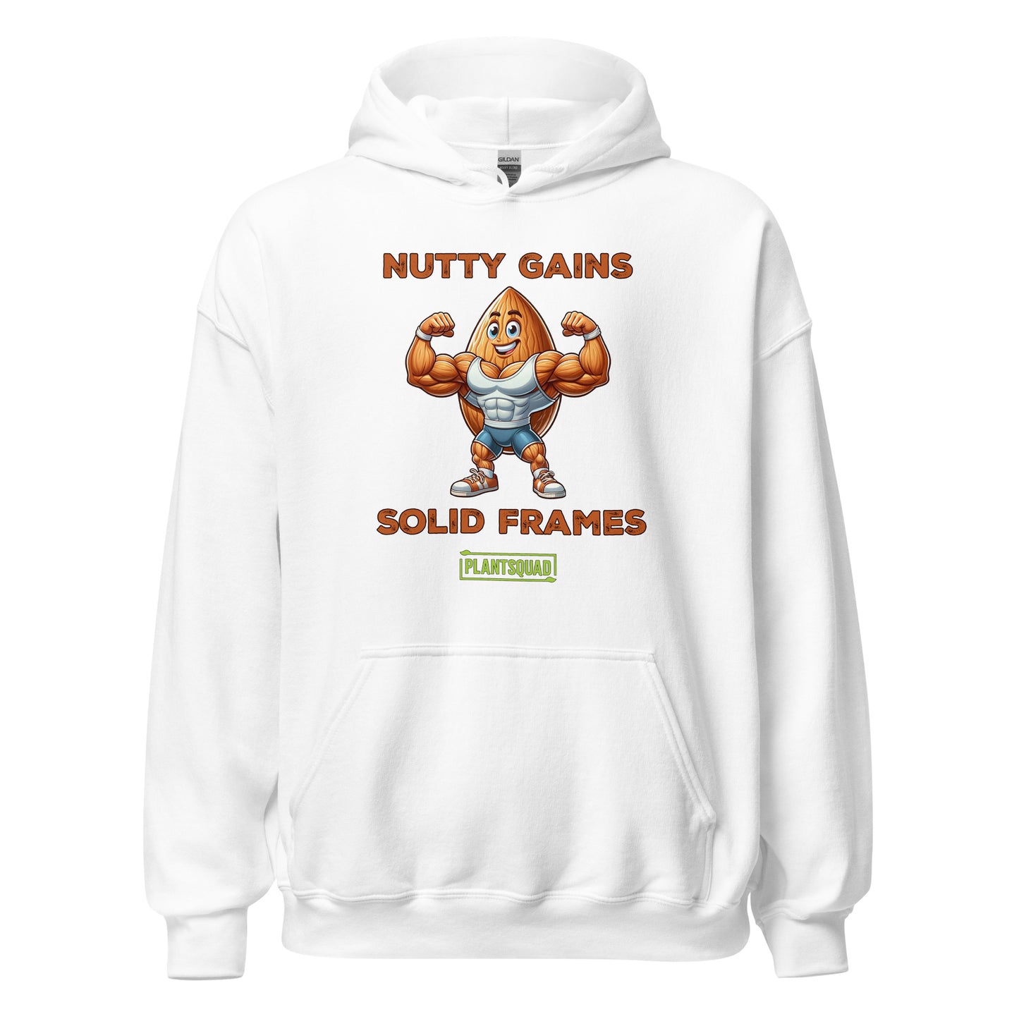 A black Plantsquad Almond "Nutty Gains Solid Frames" - Unisex Hoodie displays a muscular peanut character flexing its biceps with the text "Nutty Gains" above and "Solid Frames" below. The logo "Plant Squad" is at the bottom, perfect for gym enthusiasts. The design is bold, humorous, and fitness-themed.