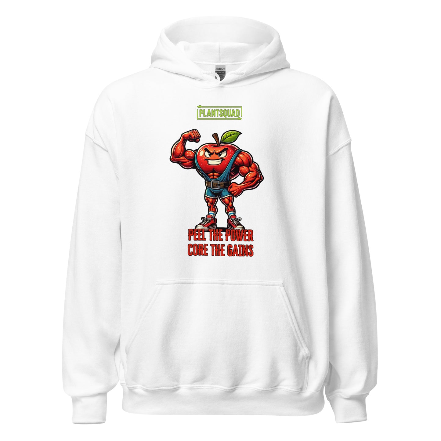 The Plantsquad Apple "Peel The Power Core The Gains" - Unisex Hoodie features a black vegan design with a muscular, anthropomorphic apple character in a fitness pose. The red apple, with a determined expression, is wearing a weightlifting belt. Above, it says 'PLANTSQUAD,' and below, 'PEEL THE POWER, CORE THE GAINS' in bold red text. Perfect for embracing your plant-based lifestyle.