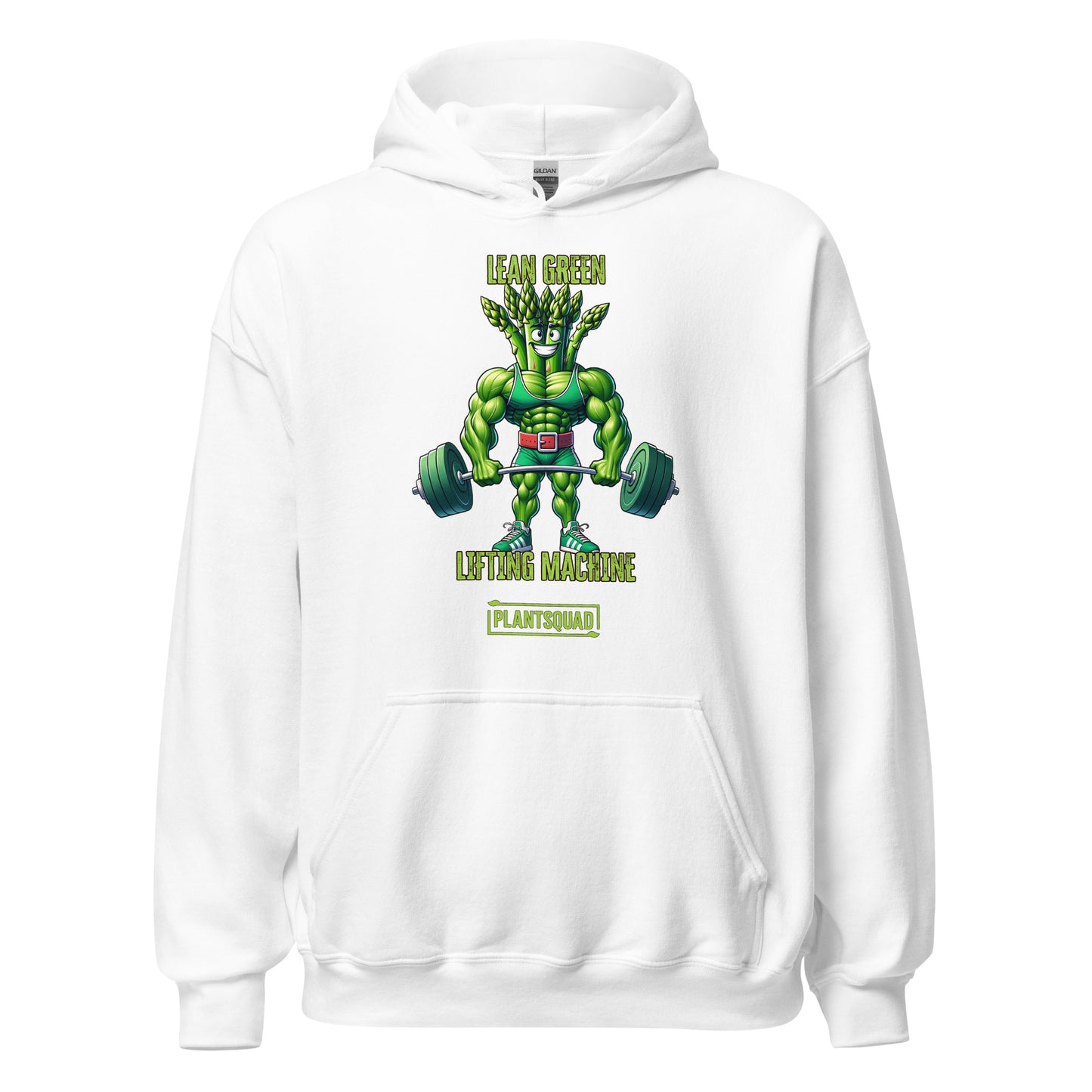 A black weight lifting hoodie featuring a muscular, green, humanoid plant character lifting two large dumbbells. Above the character are the words "Lean Green Lifting Machine" in green, and "PLANT SQUAD" is written below. Perfect vegan gym apparel for those embracing a plant-based lifestyle. Introducing the Plantsquad Asparagus "Lean Green Lifting Machine" - Unisex Hoodie.