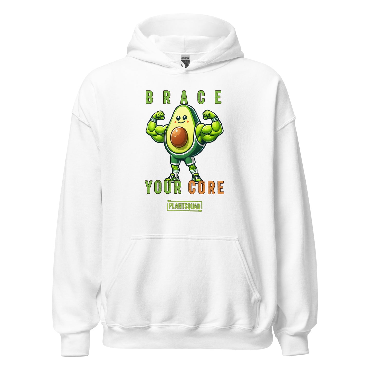 Plantsquad Avocado "Brace Your Core" - Unisex Hoodie featuring a muscular avocado cartoon flexing its arms. Text above the avocado reads "Brace," and below it says "Your Core" in green and orange letters. The bottom text reads "PLANT SQUAD" in a green box. Embrace the vegan lifestyle with this cozy fabric, perfect for weight lifting and more.