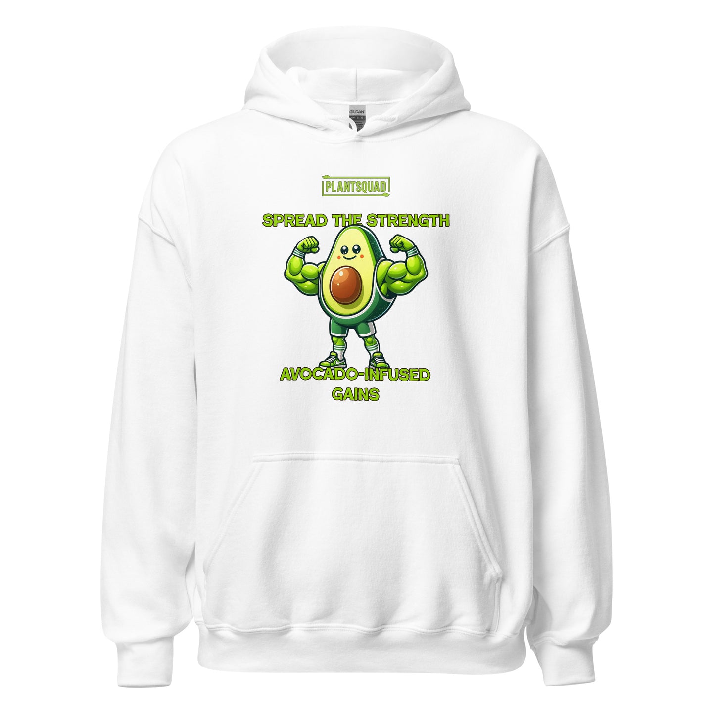 The **Plantsquad Avocado "Spread The Strength Avocado-Infused Gains" - Unisex Hoodie** features a smiling, muscular avocado character with flexed arms. Above it, the text reads "PLANTSQUAD." Below, in bright green letters: "SPREAD THE STRENGTH AVOCADO-INFUSED GAINS." Ideal for anyone embracing a vegan lifestyle and loving an avocado design.