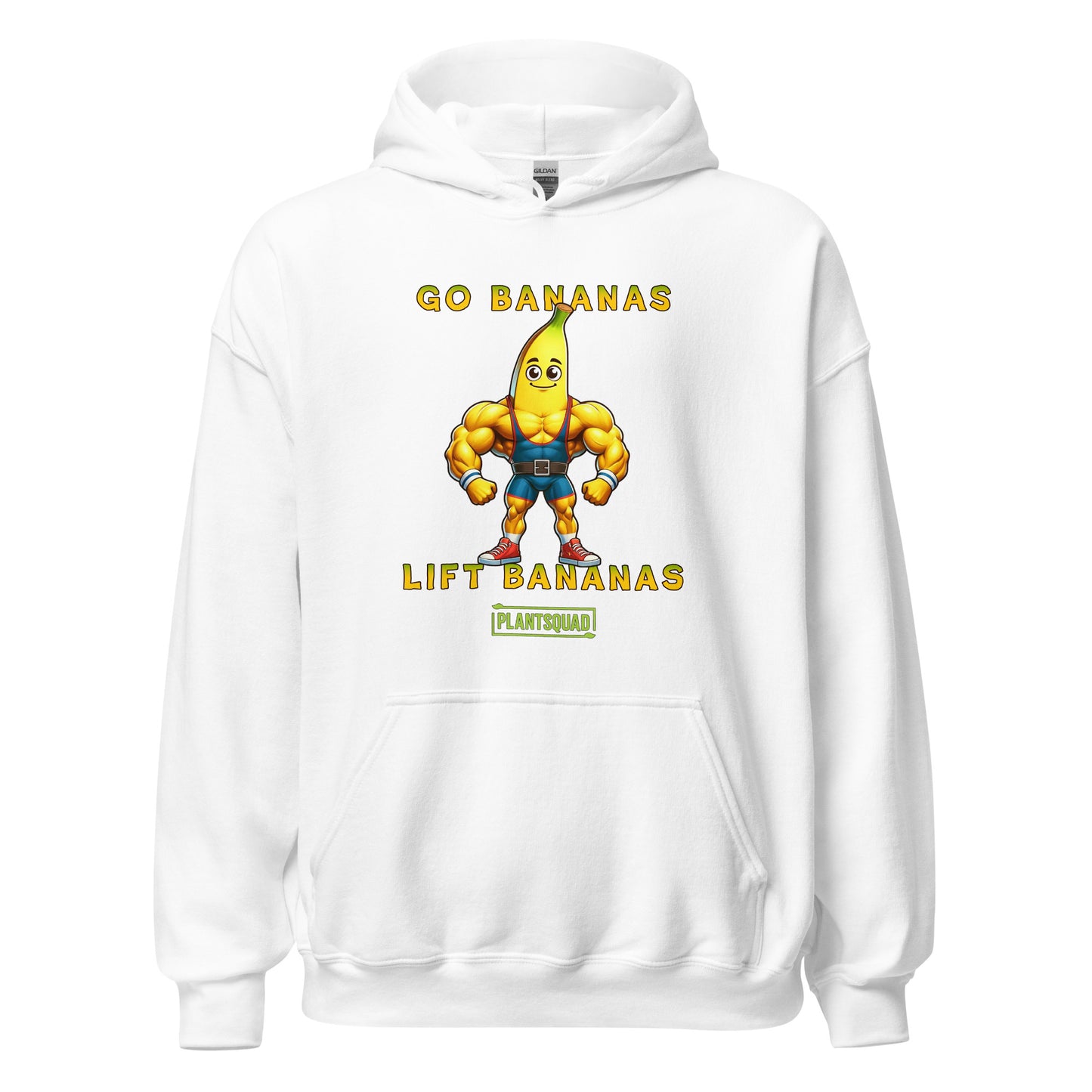 A black vegan hoodie featuring a muscular cartoon banana character flexing its arms. The text above the character reads "GO BANANAS" and below the character reads "LIFT BANANAS." There is a small "PLANTSQUAD" logo beneath the character, ideal for those embracing a plant-based lifestyle and weight lifting apparel. The product name is Plantsquad Banana "Go Bananas Lift Bananas" - Unisex Hoodie.