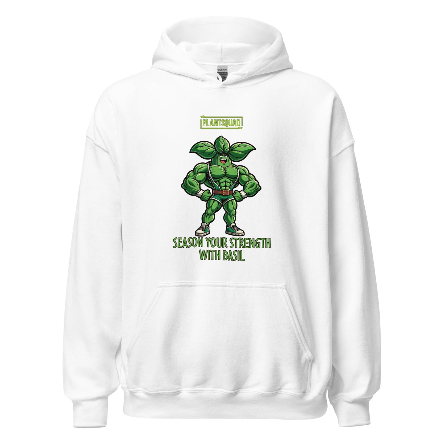 The Plantsquad Basil "Season Your Strength With Basil" - Unisex Hoodie features a muscular cartoon basil character, aptly named Basil, standing with arms crossed. Above Basil, a green logo reads "PLANTSQUAD." Below him, the text says, "SEASON YOUR STRENGTH WITH BASIL." Embrace the vegan lifestyle and cozy fabric while flaunting your love for weight lifting.