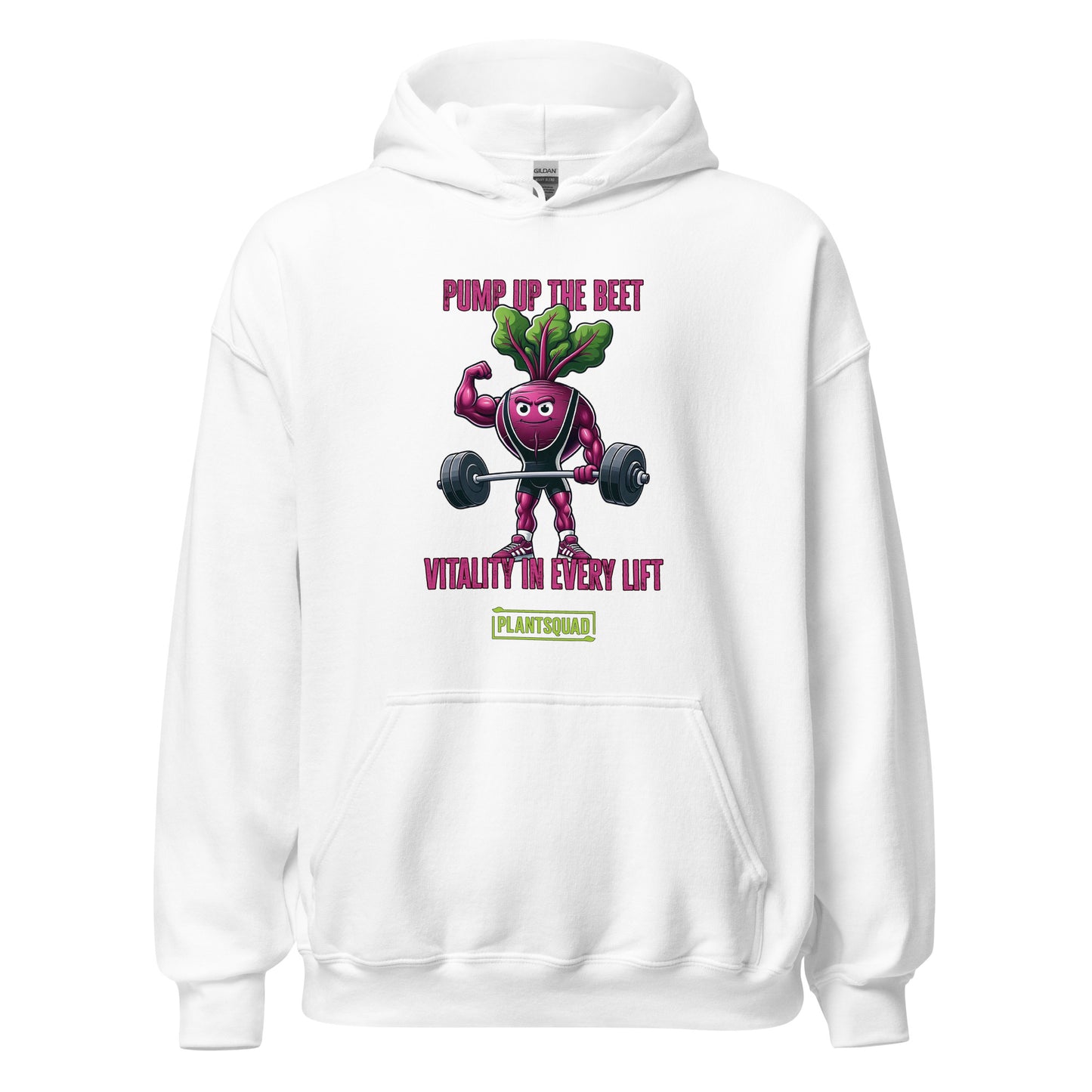 A Plantsquad Beetroot "Pump Up The Beet Vitality In Every Lift" - Unisex Hoodie featuring a muscular beetroot design lifting dumbbells. Above the beet, the text reads "PUMP UP THE BEET," and below it says "VITALITY IN EVERY LIFT." Made from cozy fabric, it perfectly complements your vegan lifestyle. The logo "PLANT SQUAD" is printed at the bottom.