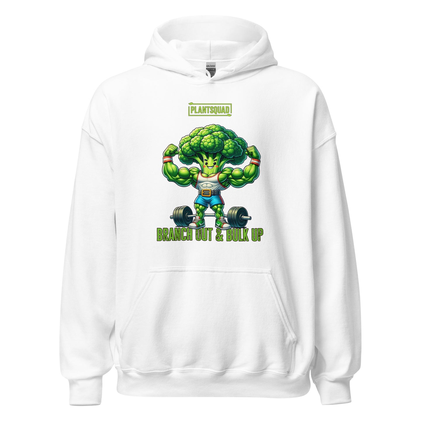 A Plantsquad Broccoli "Branch Out & Bulk Up" - Unisex Hoodie made from cozy fabric features an illustration of a muscular, anthropomorphic broccoli lifting dumbbells. The text above reads "PLANTSQUAD" and below reads "BRANCH OUT & BULK UP!" Perfect for those embracing a vegan lifestyle, the hoodie has a front pocket and a drawstring hood.