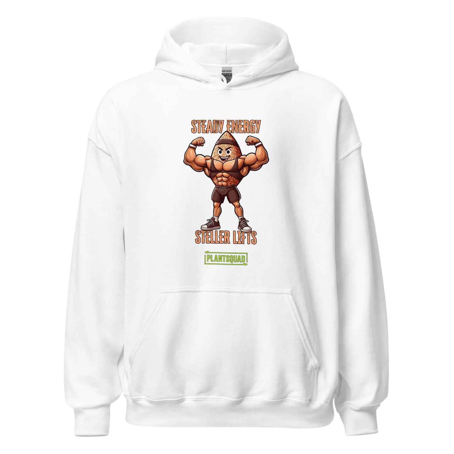 A Plantsquad Brown Rice "Steady Energy Steller Lifts" - Unisex Hoodie featuring a muscular cartoon peanut flexing its arms. Above the peanut, the text reads "STEADY ENERGY," and below it, "STELLER [sic] LIFTS." Made from cozy fabric, it embraces the vegan lifestyle with a green rectangular logo at the bottom that says "PLANTSQUAD.