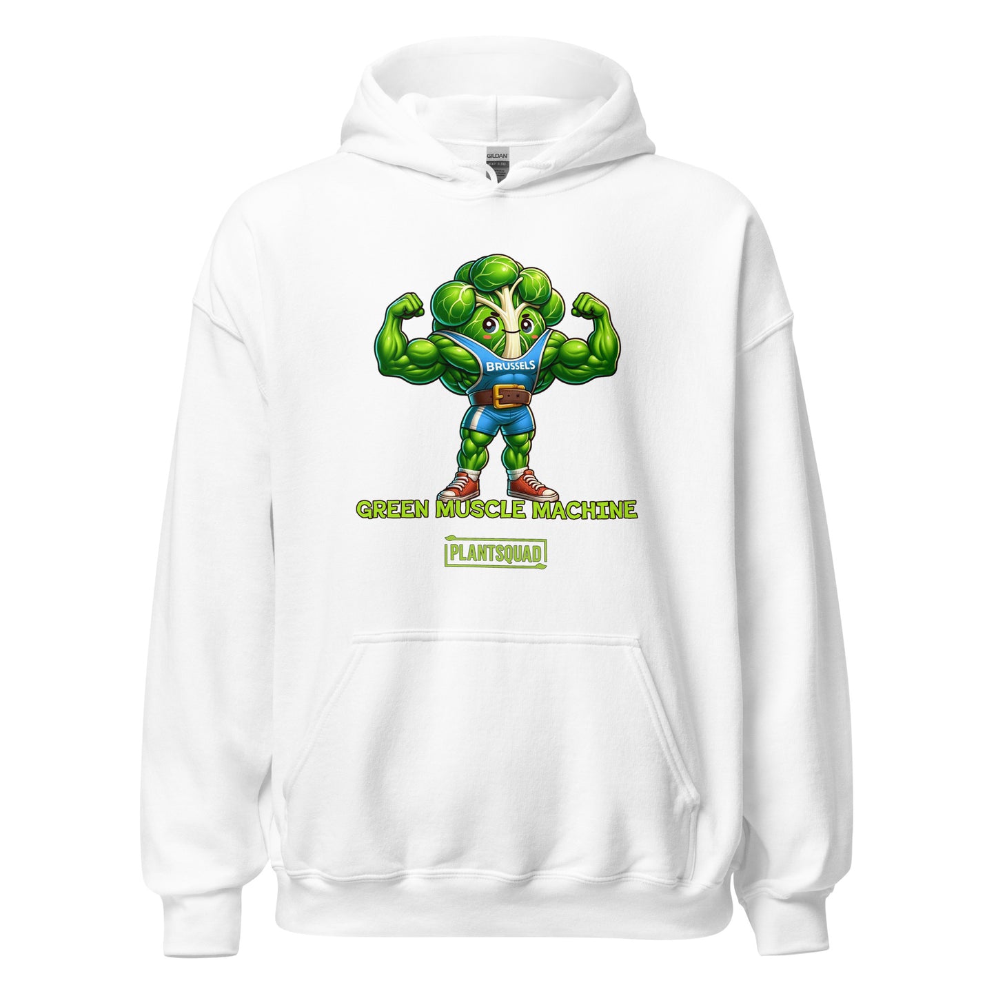 A black **Plantsquad Brussel Sprout "Green Muscle Machine" - Unisex Hoodie** featuring a muscular, anthropomorphic broccoli character flexing its arms. Text below the character reads "GREEN MUSCLE MACHINE" with "PLANTSQUAD" underneath—perfect for those embracing a plant-based lifestyle and seeking stylish vegan gym wear.