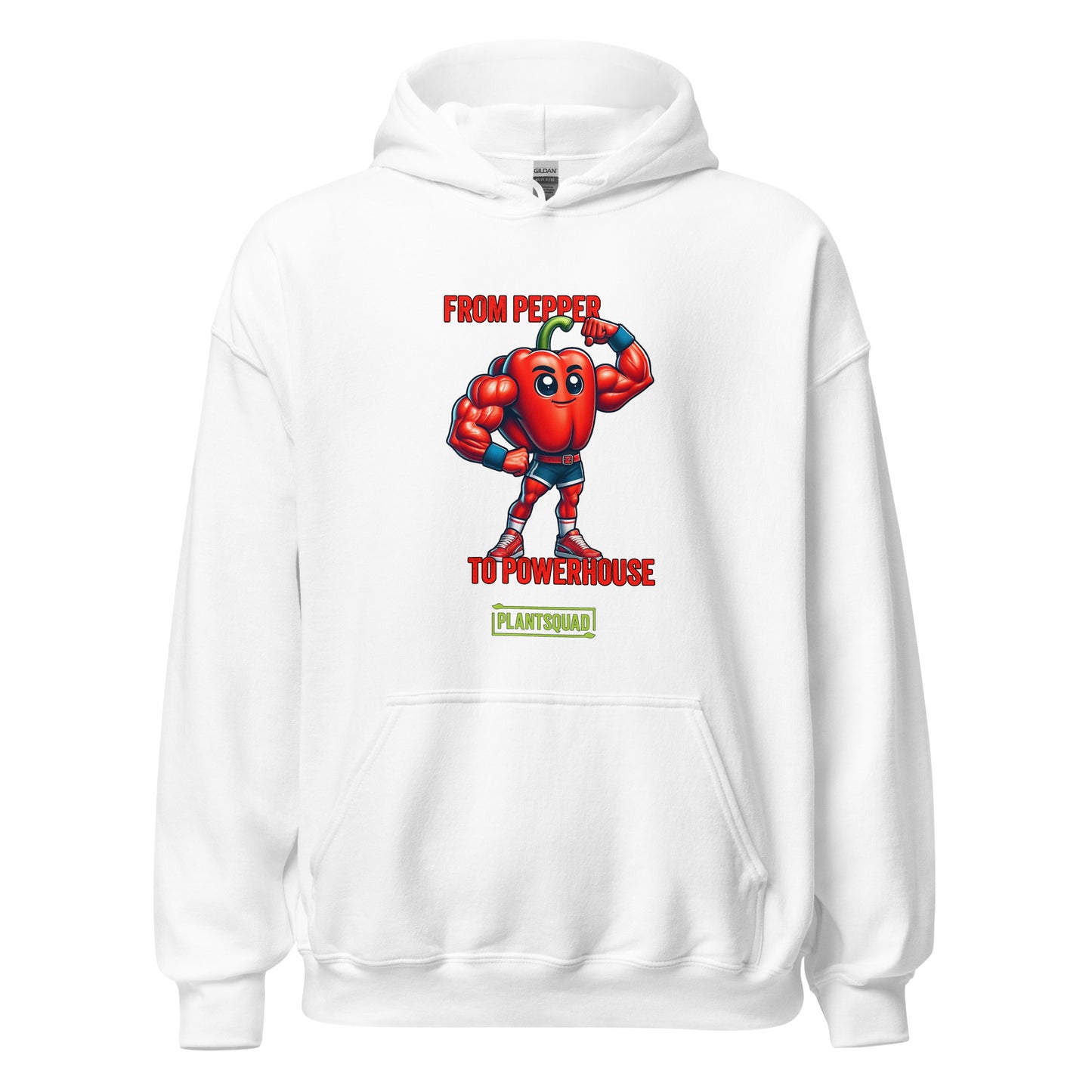 Plantsquad Capsicum "From Pepper To Powerhouse" - Unisex Hoodie featuring a cartoon image of a muscular red pepper wearing boxing gloves and shorts. The text above the character reads "FROM PEPPER TO POWERHOUSE" and below it, "PLANTSQUAD" is written on a green banner, celebrating the vegan lifestyle and plant-based power in weight lifting.