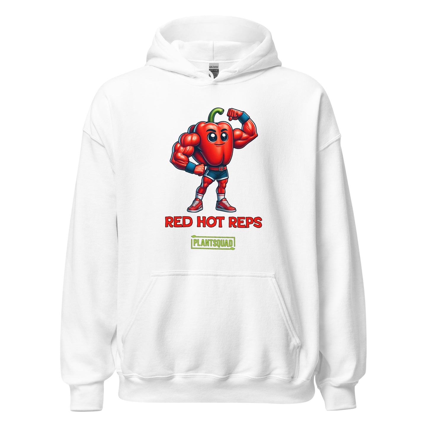 The Plantsquad Capsicum "Red Hot Reps" - Unisex Hoodie features a cartoon muscular red bell pepper character flexing its arms. The text "RED HOT REPS" is printed in red below the character, with "PLANTSQUAD" in green beneath it. Perfect workout clothing, the hoodie has a front pocket and drawstrings at the neck.