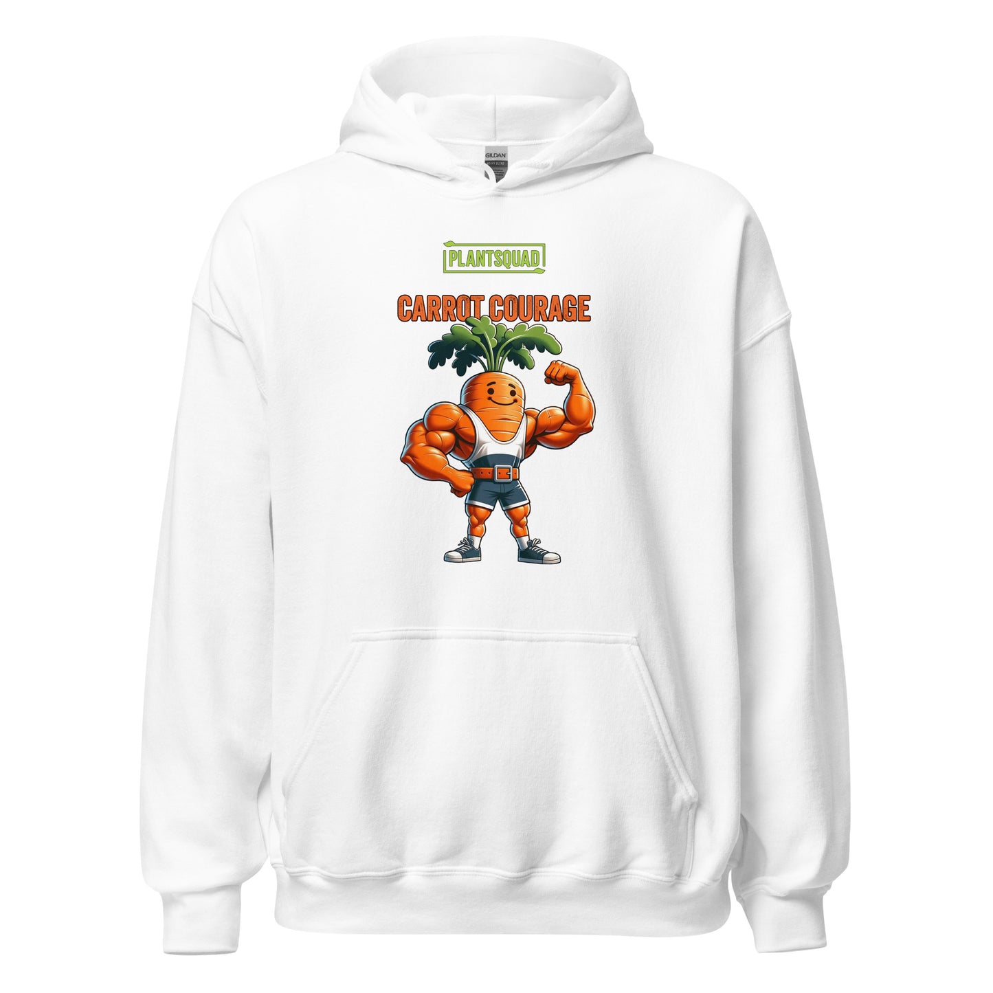 A Plantsquad Carrot "Carrot Courage" - Unisex Hoodie featuring a cartoon image of a muscular carrot character with green leafy hair, flexing its arms. Above the carrot, the text reads "PLANTSQUAD" and "CARROT COURAGE" in bold letters, perfect for those embracing the vegan lifestyle.