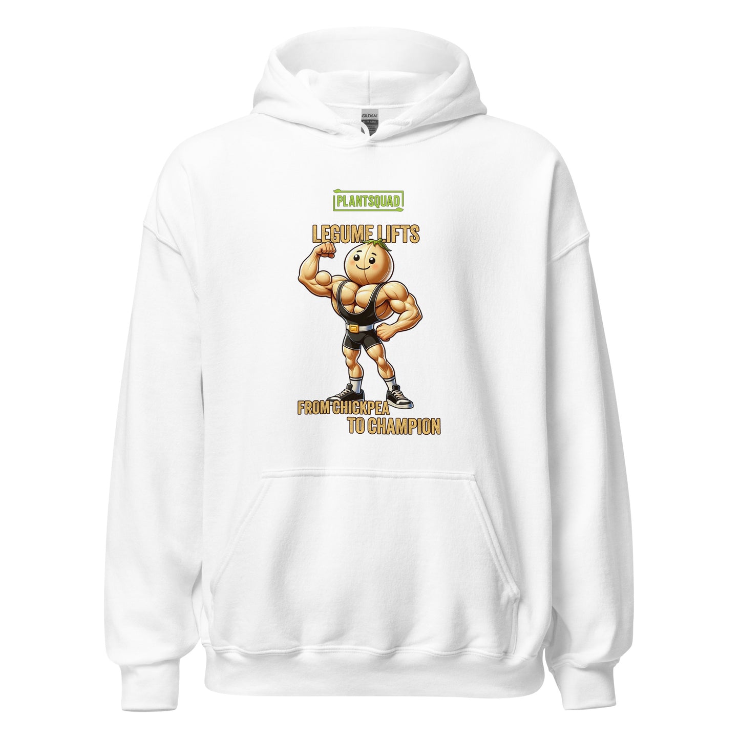 A black Plantsquad Chickpea "Legume Lifts" - Unisex Hoodie features a muscular chickpea cartoon character lifting a dumbbell. Above the character, text reads "Plantsquad" and "Legume Lifts." Below, it says "From Chickpea to Champion." The design is centered on the chest area of the hoodie, perfect for showing off your vegan lifestyle.