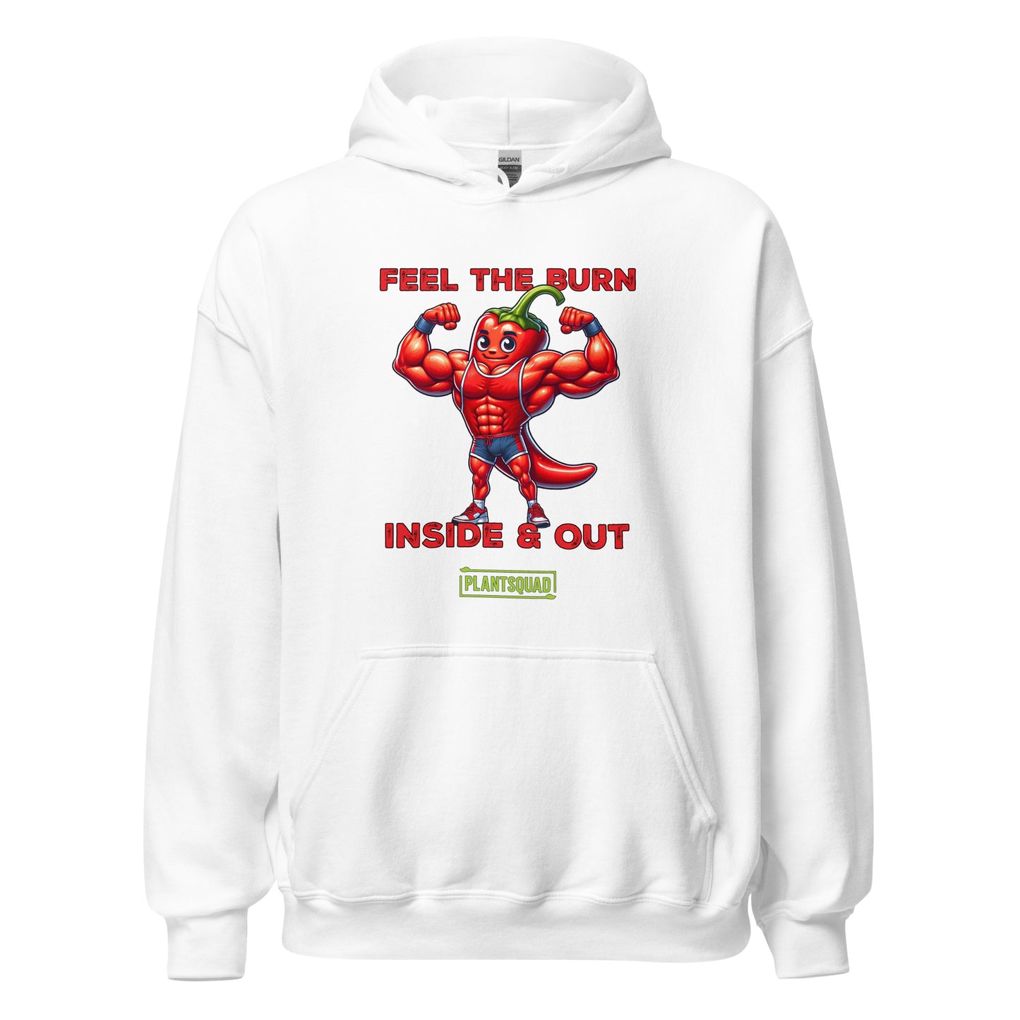 The Plantsquad Chilli "Feel The Burn Inside & Out" - Unisex Hoodie is a black weight lifting hoodie with a design of a muscular cartoon chili pepper flexing its muscles. The text above reads "Feel the Burn" and below it reads "Inside & Out." The bottom text features the logo "PlantSquad" in green and white, perfect for showcasing your plant-based, vegan lifestyle.