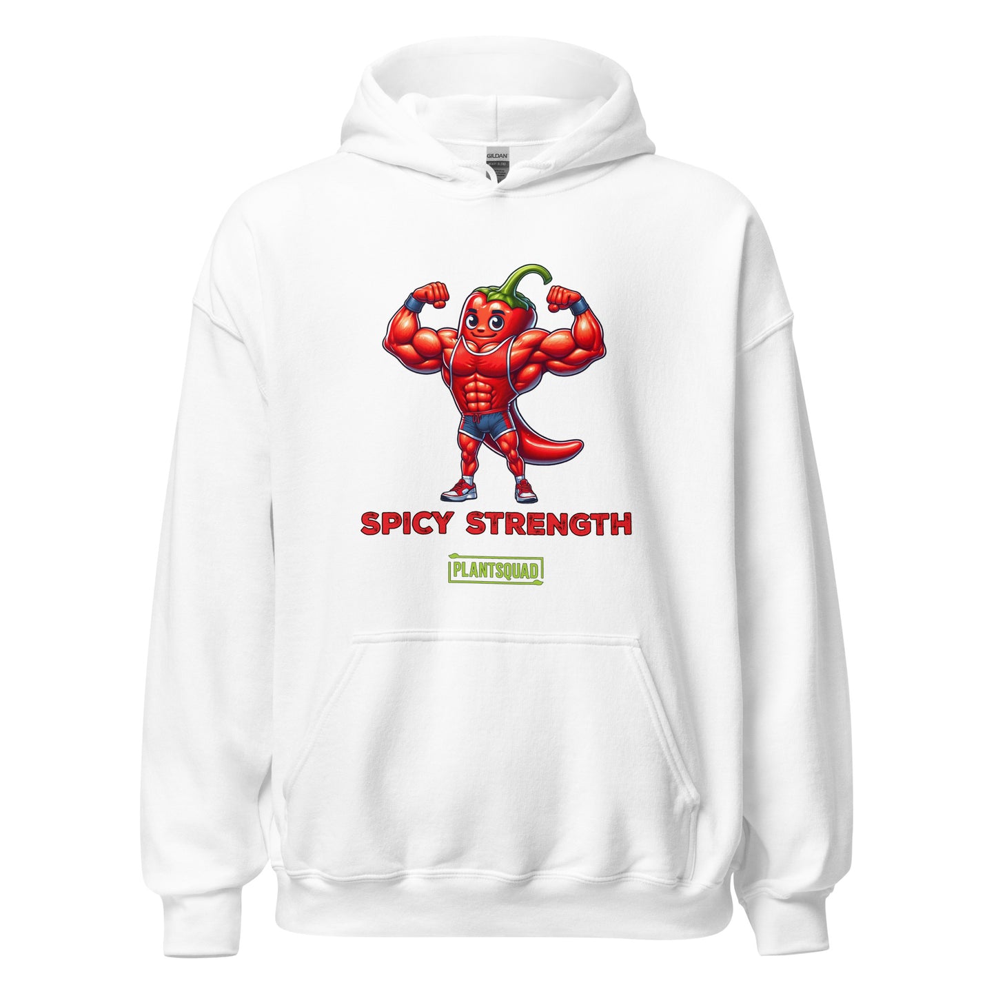 The Plantsquad Chilli "Spicy Strength" - Unisex Hoodie features a cartoon muscular chili pepper character flexing its biceps. The text "SPICY STRENGTH" is written below in red, bold letters. Lower on the hoodie, there is a green rectangular label with the text "PLANTSQUAD" in white, perfect for anyone embracing the vegan lifestyle.