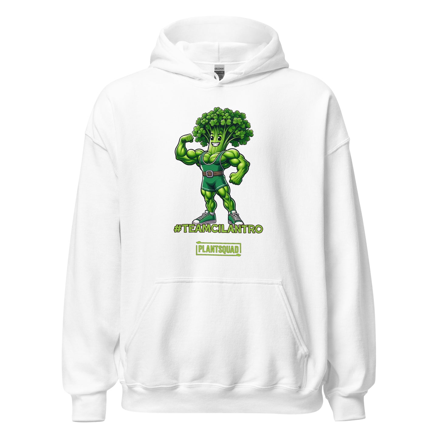 The Plantsquad Cilantro "Team Cilantro" - Unisex Hoodie features a cartoon of a muscular, flexing cilantro superhero, perfect for those embracing a vegan lifestyle. The character has a leafy head, an eye mask, and a belt. Below the character, the text reads "#TEAMCILANTRO" and "PLANTSQUAD.