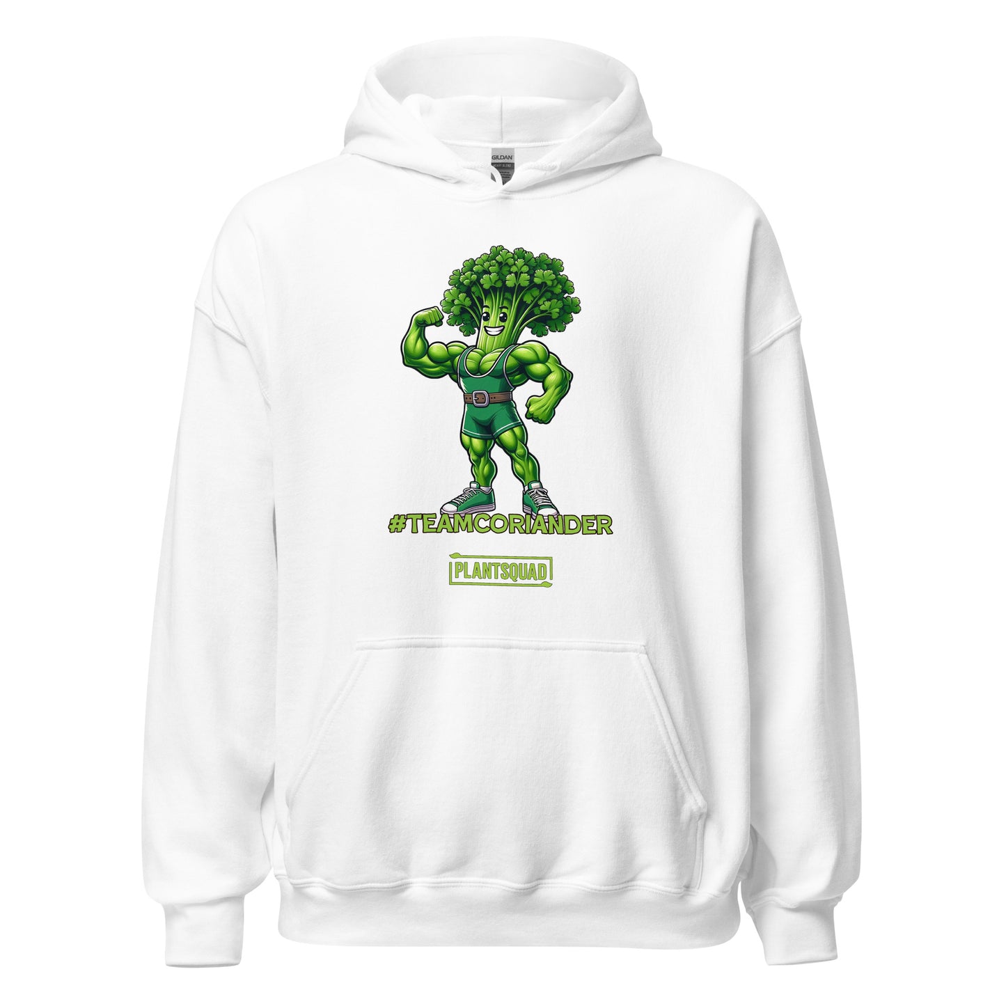 The Plantsquad Coriander "Team Coriander" - Unisex Hoodie features a cartoon illustration of a muscular green stalk of coriander wearing a superhero outfit, flexing its right arm. Embracing the vegan lifestyle, below it are the words "#TEAMCORIANDER" and "PLANTSQUAD" in bold, green text.