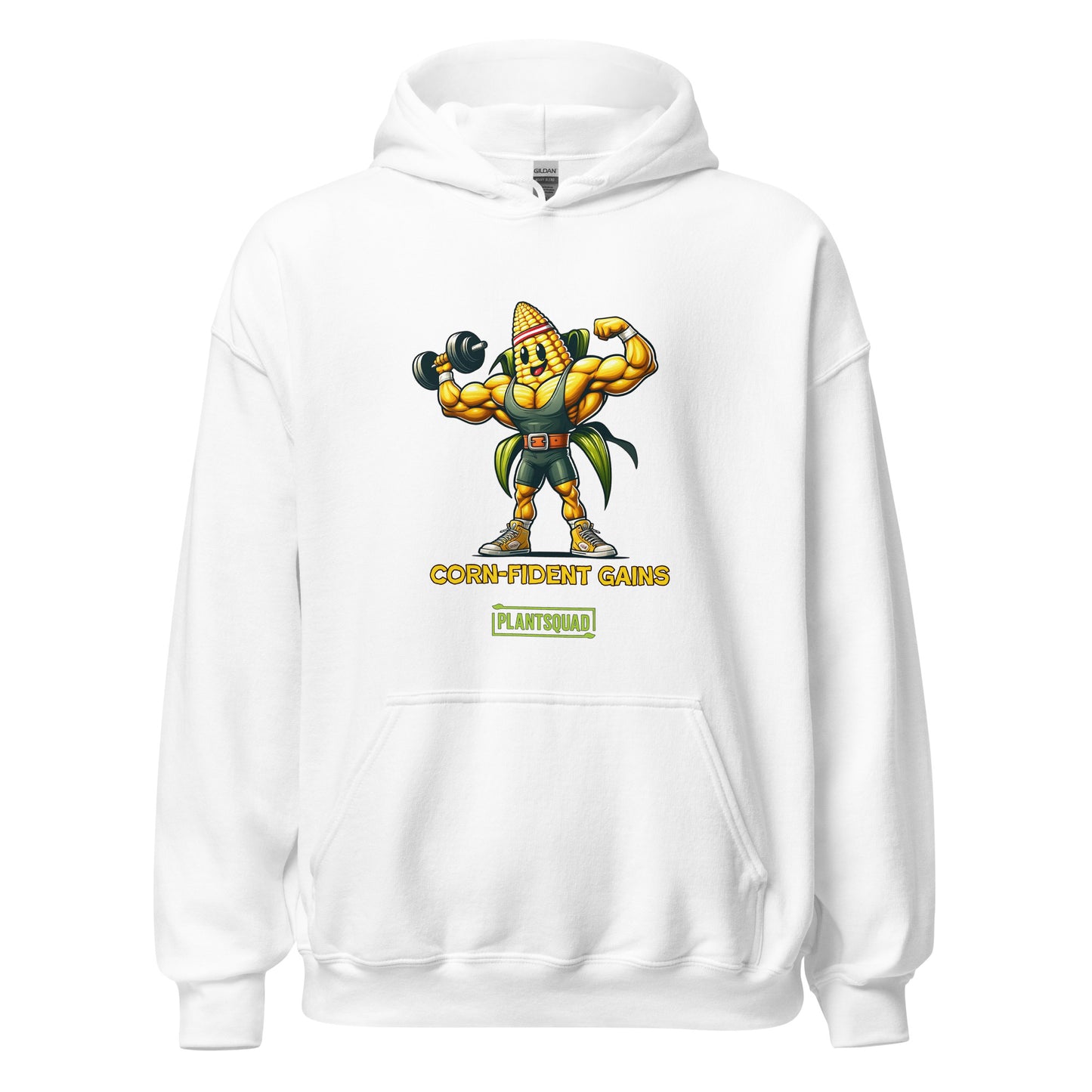 Black hoodie featuring a muscular anthropomorphic corn cob character flexing its biceps. The text beneath the character reads "CORN-fident Gains" with "PLANTSQUAD" in a green box below. Perfect for gym enthusiasts who embrace a plant-based lifestyle, this Plantsquad Corn "Corn-fident Gains" - Unisex Hoodie exudes confidence with every wear.