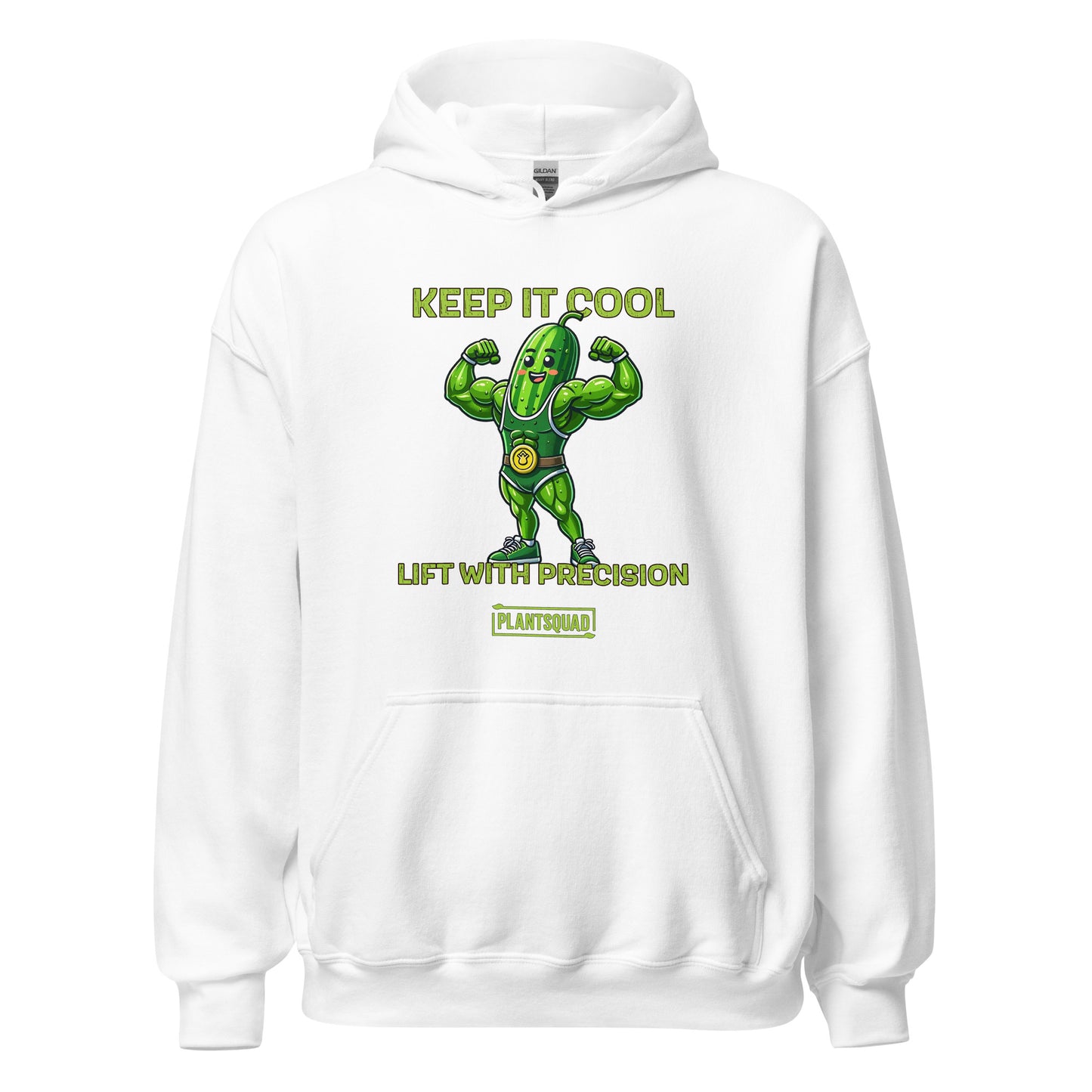 A black hoodie featuring a muscular green pickle character flexing its arms. Above the character, it says "KEEP IT COOL," and below, "LIFT WITH PRECISION." The word "PLANTSQUAD" is written on a banner beneath the pickle, perfect for those embracing a plant-based vegan lifestyle while weight lifting—this is the Plantsquad Cucumber "Keep It Cool Lift With Precision" - Unisex Hoodie.