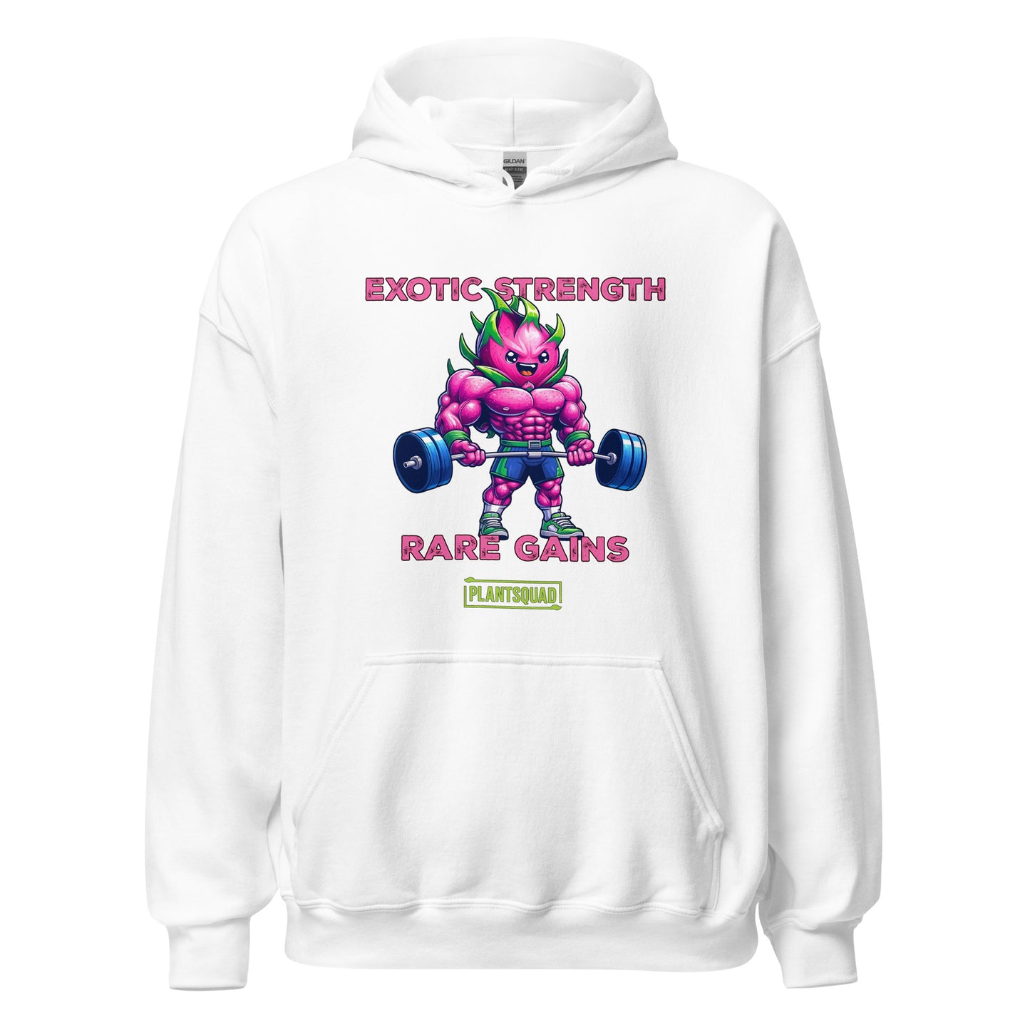 Plantsquad Dragonfruit "Exotic Strength Rare Gains" - Unisex Hoodie featuring a muscular, pink cartoon character with green hair lifting dumbbells. The text above and below the character reads "EXOTIC STRENGTH" and "RARE GAINS" in pink, with "PLANTSQUAD" in green and yellow at the bottom. Perfect for embracing a vegan lifestyle!