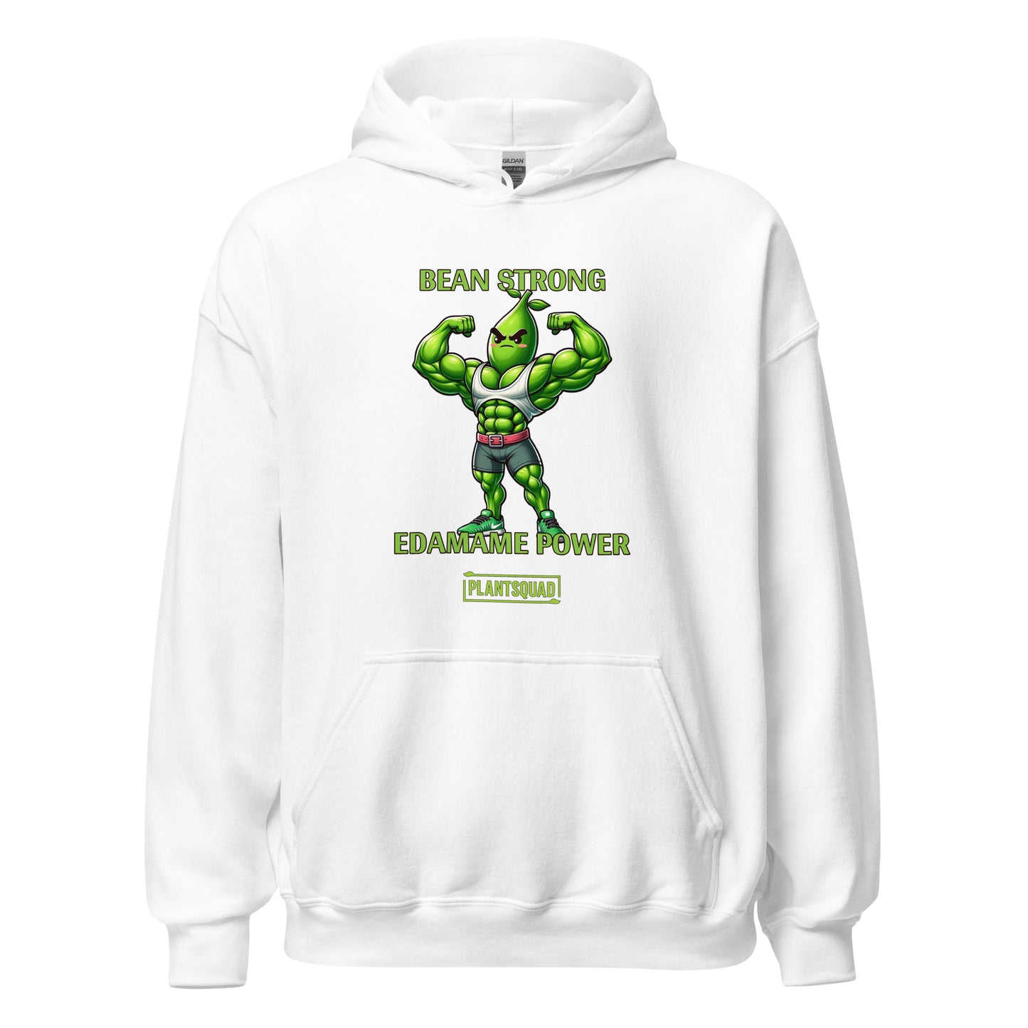 A black vegan gym hoodie featuring a muscular green bean character flexing its arms. The text above reads "BEAN STRONG" and below reads "EDAMAME POWER." Embrace the plant-based lifestyle with our Plantsquad Edamame "Bean Strong Edamame Power" - Unisex Hoodie, branded with "PLANTSQUAD" at the bottom.