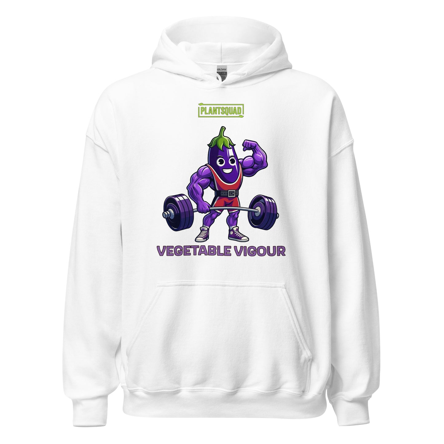 The Plantsquad Eggplant "Vegetable Vigour" - Unisex Hoodie features an illustration of a muscular cartoon vegetable lifting weights. The character is smiling and flexing one arm. The text above reads "PLANT SQUAD," and below, it says "VEGETABLE VIGOUR." Perfect for embracing the vegan lifestyle with its fun, weight-lifting theme.