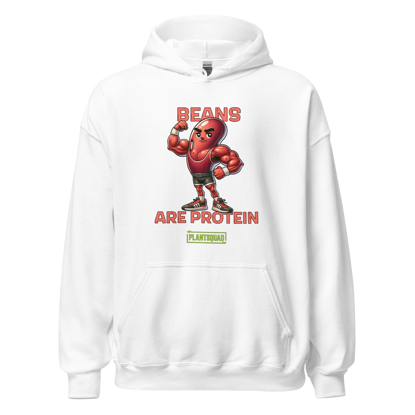 A black hoodie featuring a graphic of a muscular, anthropomorphic bean character in boxing gear, with the text "Beans Are Protein" in bold red letters above and below the image. Embrace your vegan lifestyle with this Plantsquad Kidney Bean "Beans Are Protein" - Unisex Hoodie. Below the text is a small green rectangle with the word "PLANTSQUAD.