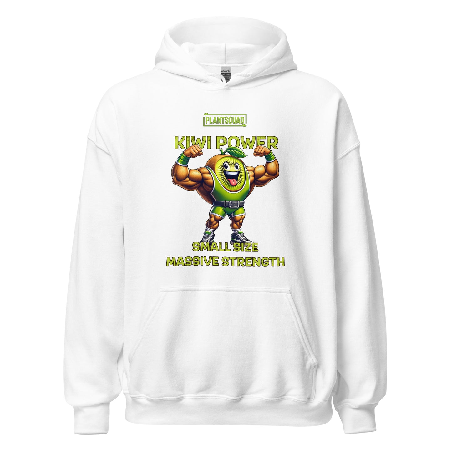 A black weight lifting hoodie featuring a cartoon kiwi character with muscular arms flexing. Above the character is the text "PLANTSQUAD" and "KIWI POWER". Below the character, it reads "SMALL SIZE MASSIVE STRENGTH" in yellow-green font, perfect for showcasing your vegan lifestyle—the Plantsquad Kiwi "Kiwi Power Small Size Massive Strength" - Unisex Hoodie.