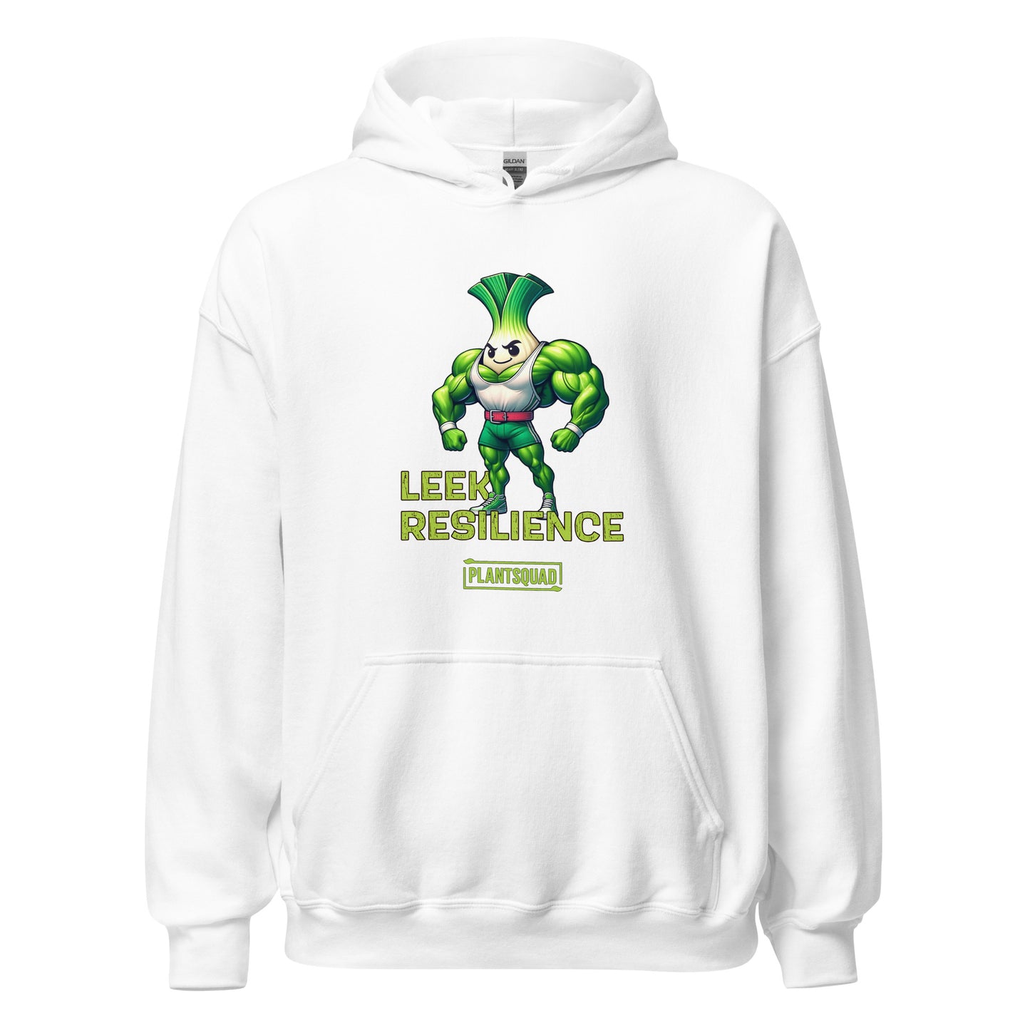 A black *Plantsquad Leek "Leek Resilience" - Unisex Hoodie* featuring an animated muscular leek character. The leek, with muscular arms and a confident pose, is accompanied by the text "Leek Resilience" above and "Plantsquad" below. Made from cozy fabric, this hoodie is perfect for those embracing a vegan lifestyle.