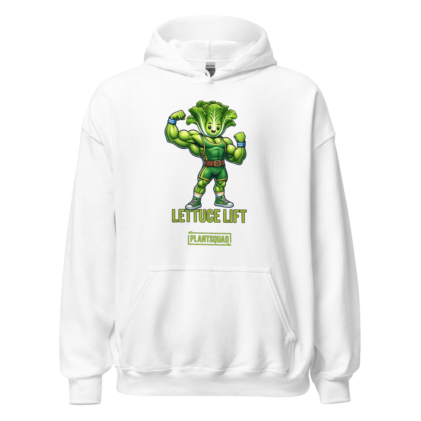 The Plantsquad Lettuce "Lettuce Lift" - Unisex Hoodie features a cartoon muscular head of lettuce with a determined expression, flexing its arms. Below it, the text reads "LETTUCE LIFT" in bold yellow-green letters and "PLANTSQUAD" in a smaller green banner - perfect for embracing your vegan lifestyle and weight lifting passion.