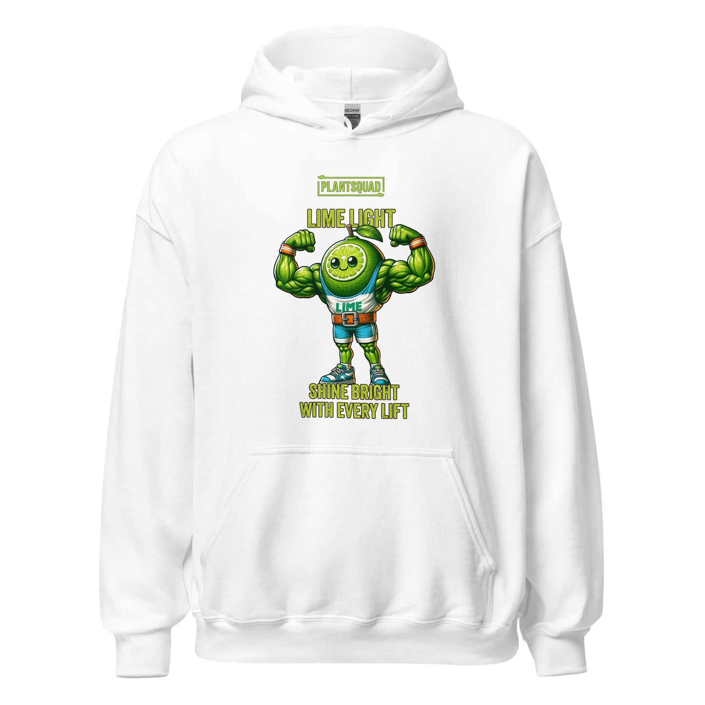 The Plantsquad Lime "Lime Light Shine Bright With Every Lift" - Unisex Hoodie features a muscular, smiling lime character flexing its biceps. The text above reads "PLANTSQUAD" and "LIME LIGHT," while below it says "SHINE BRIGHT WITH EVERY LIFT." Perfect for those embracing a plant-based lifestyle, the bright green lime stands out against the dark background.