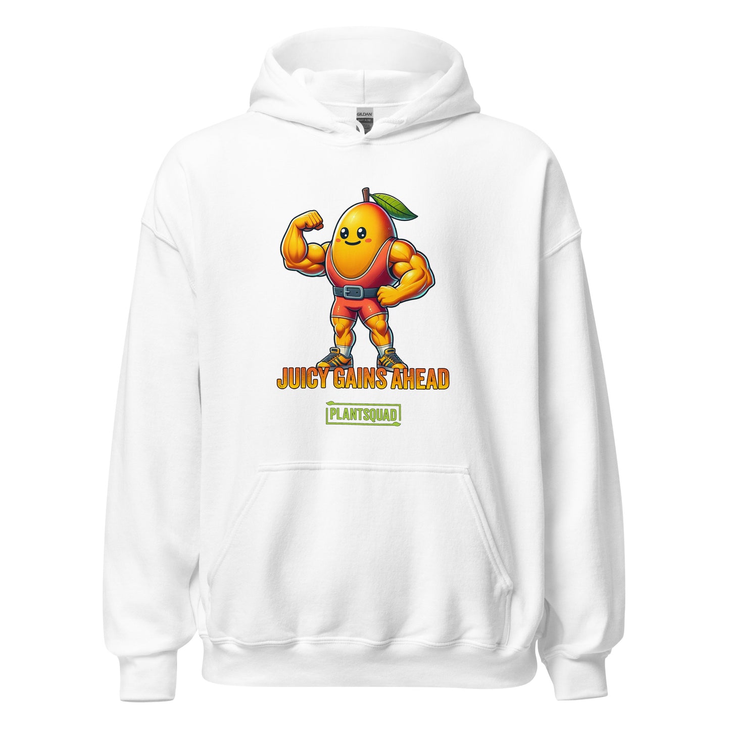 A black Plantsquad Mango "Juicy Gains Ahead" - Unisex Hoodie features a muscular mango cartoon flexing its biceps, donning a green leaf on its head. Below the mango, the text reads "Juicy Gains Ahead" in bold orange letters and "Plant Squad" in a green rectangular box, perfect for showcasing your vegan lifestyle.