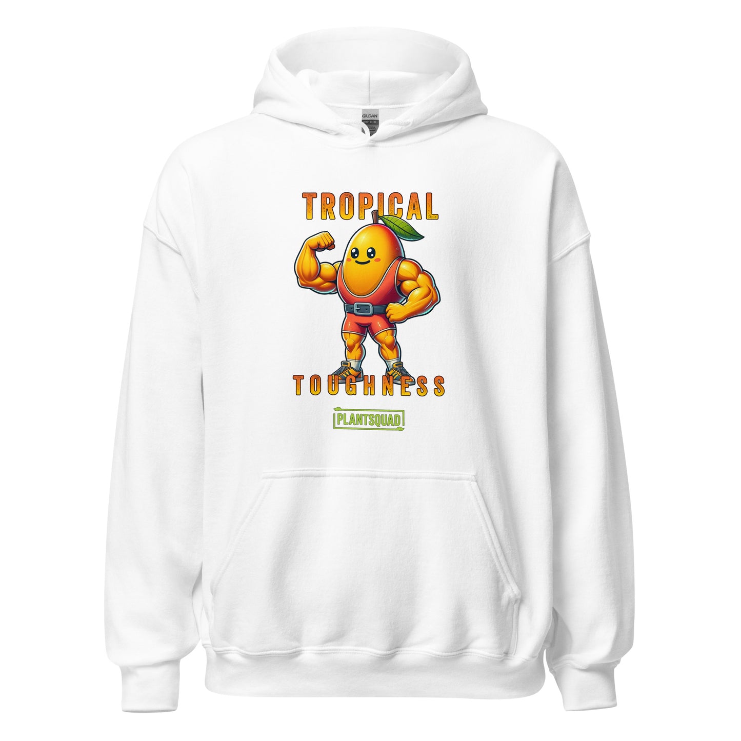 A Plantsquad Mango "Tropical Toughness" - Unisex Hoodie features a muscular, anthropomorphic mango character wearing superhero gear. The character is flexing its muscles, showcasing the benefits of a vegan lifestyle. Above it, text reads "Tropical Toughness," and below, a green label says "PLANTSQUAD.