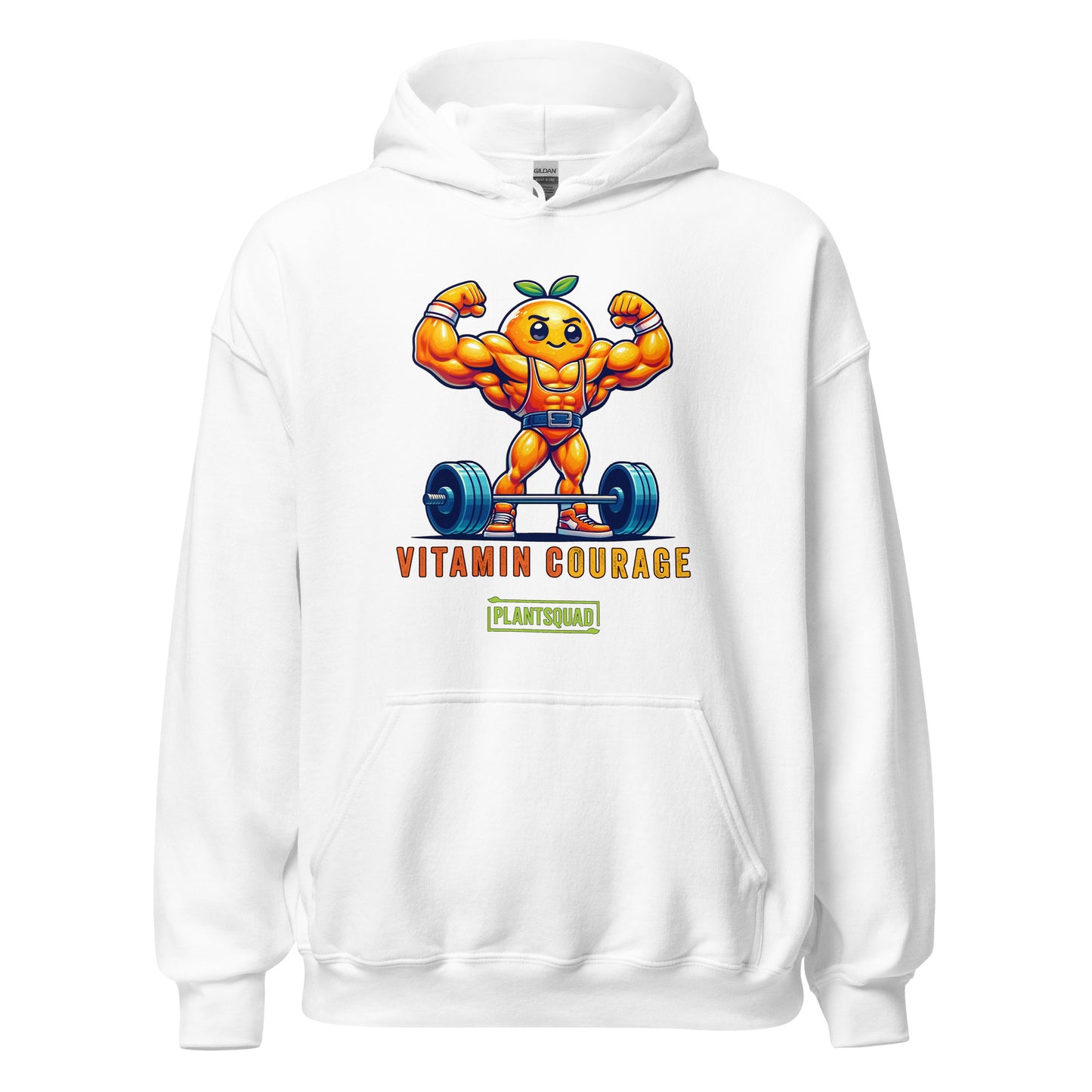 A Plantsquad Orange "Vitamin Courage" - Unisex Hoodie featuring a muscular, anthropomorphic orange lifting a barbell. The text "VITAMIN COURAGE" is written below the graphic, with "PLANTSQUAD" in a green rectangle underneath. Perfect for those embracing a vegan lifestyle.