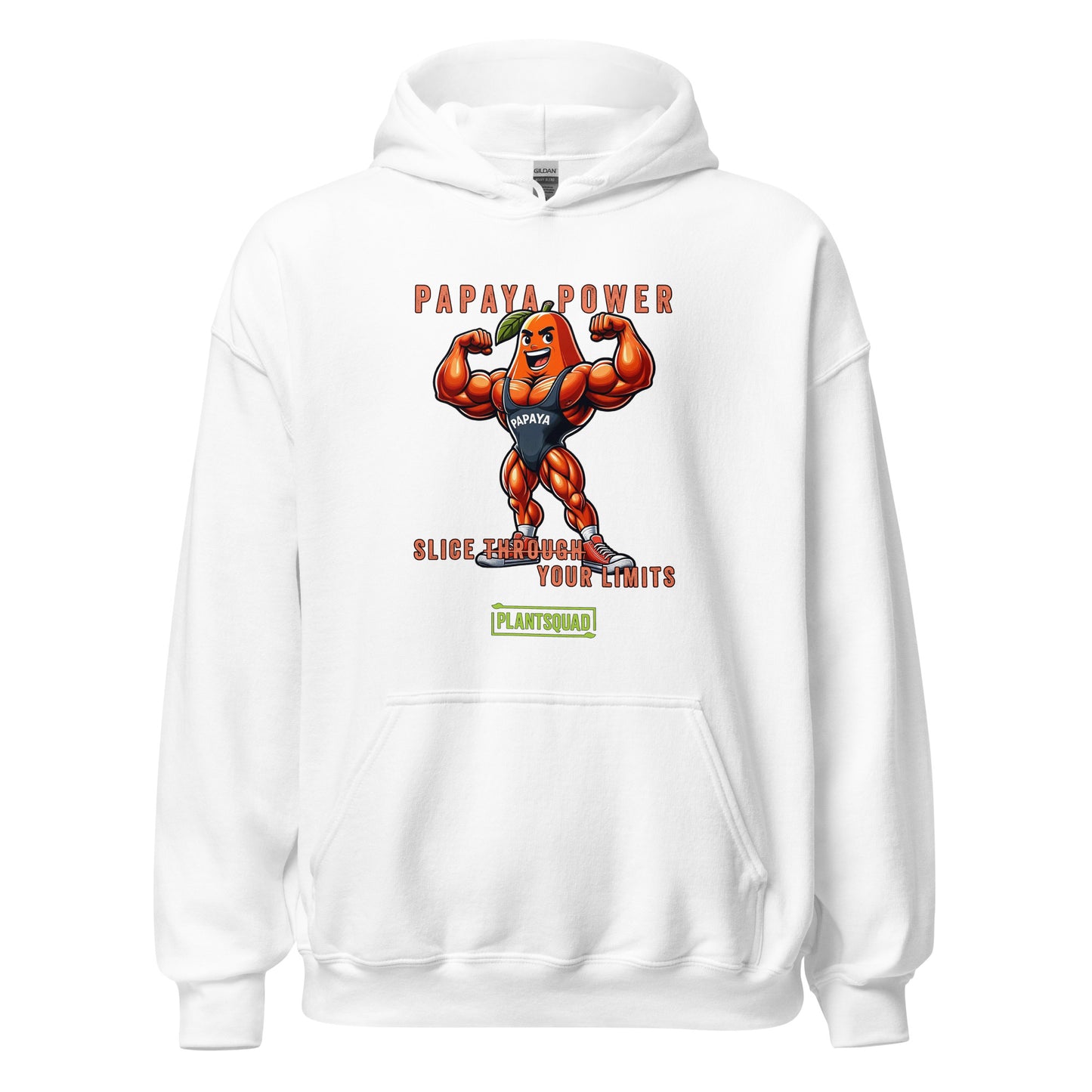 Plantsquad Payapa "Papaya Power Slice Through Your Limits" - Unisex Hoodie, displaying an illustrated muscular orange papaya character flexing, accompanied by the text "Papaya Power" at the top. Below the character, the text reads "Slice Through Your Limits." Perfect for your vegan lifestyle and weight lifting sessions, it features a green logo labeled "Plantsquad.