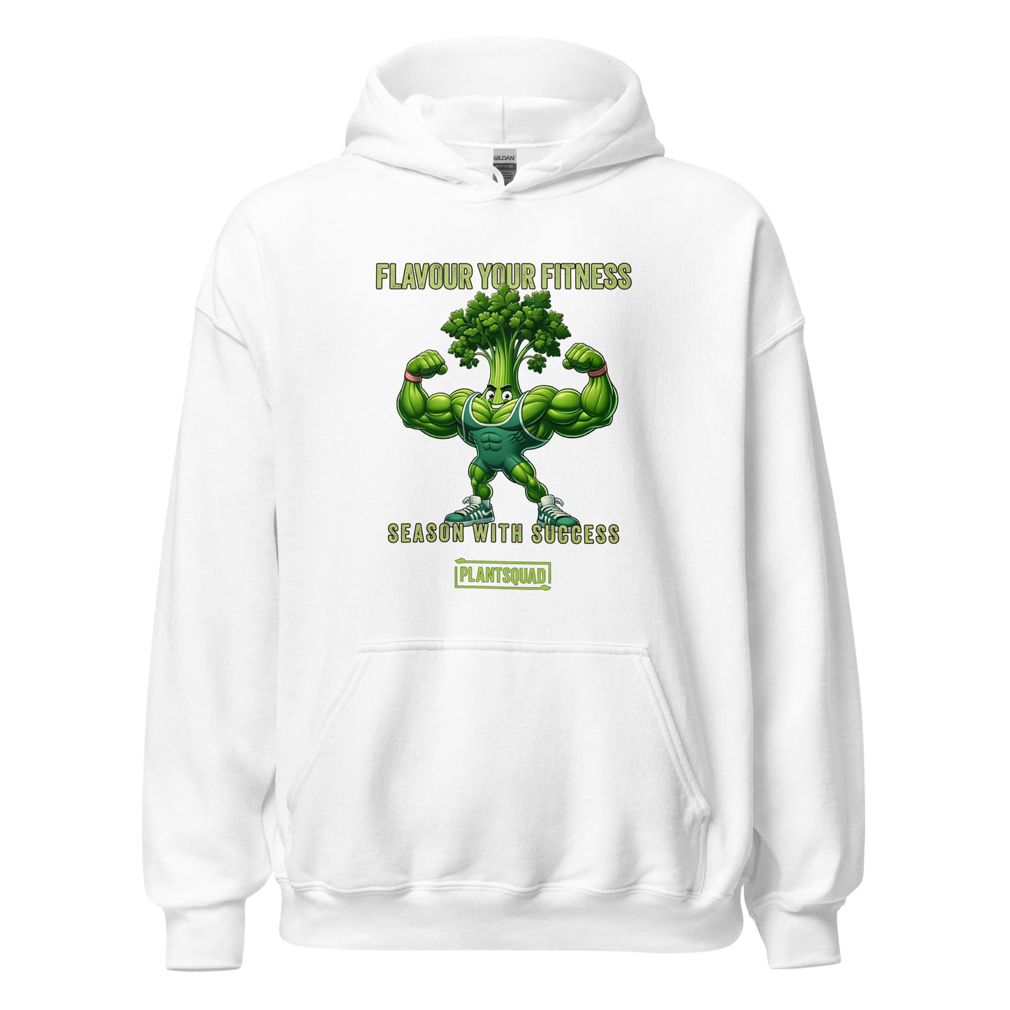 A black vegan hoodie featuring a muscular, anthropomorphic broccoli character flexing its arms. Above the character, the text reads "Flavour Your Fitness," and below it says "Season With Success." The "PLANTSQUAD" logo is displayed at the bottom, perfect for plant-based fitness enthusiasts. This is the Plantsquad Parsley "Flavour Your Fitness Season With Success" - Unisex Hoodie.