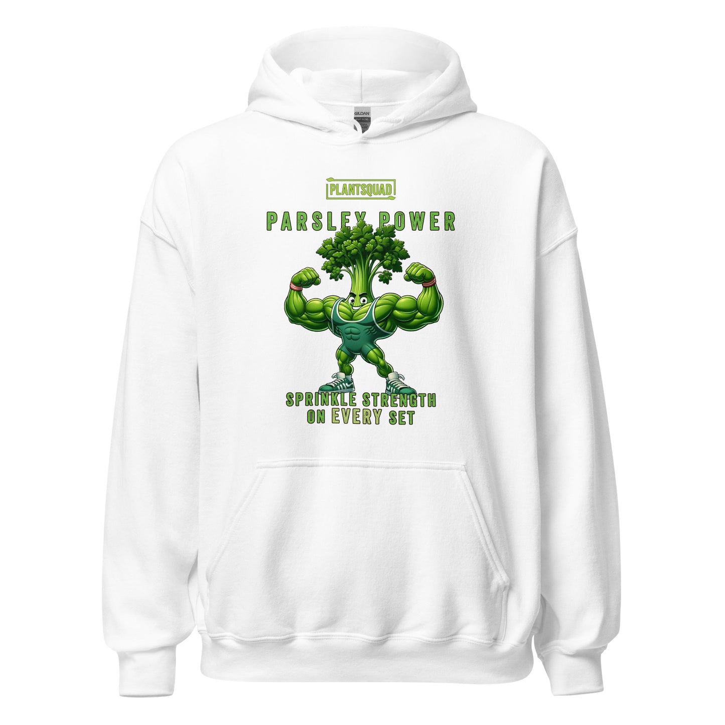 A black Plantsquad Parsley "Parsley Power Sprinkle Strength On Every Set" - Unisex Hoodie featuring a muscular cartoon parsley character flexing its arms. Above the character is the text "PLANTSQUAD" and "PARSLEY POWER." Below, it reads "SPRINKLE STRENGTH ON EVERY SET." The design is in shades of green and white, perfect for vegan gym apparel enthusiasts.