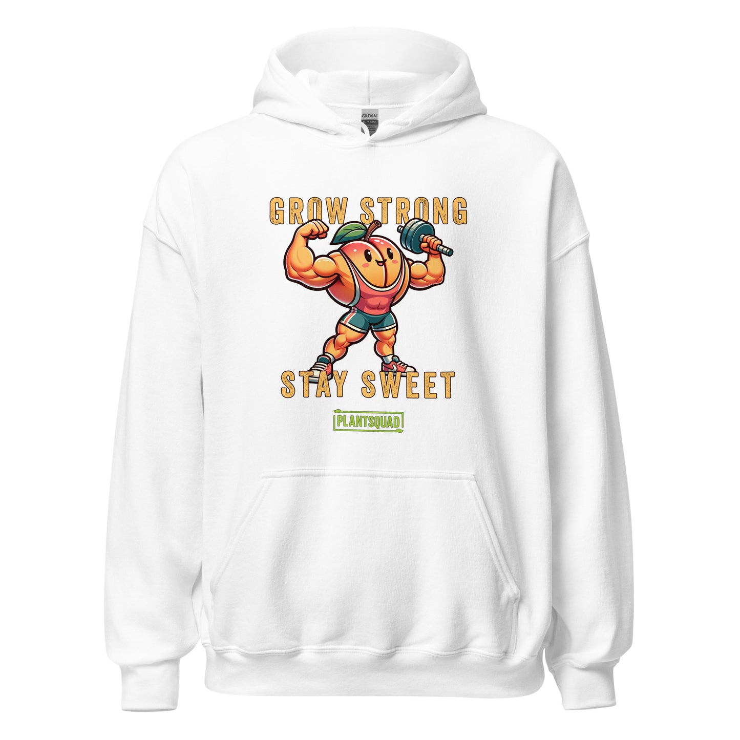 The Plantsquad Peach "Grow Strong Stay Sweet" - Unisex Hoodie features a cheerful, muscular cartoon orange lifting dumbbells. The text above and below the orange reads "Grow Strong Stay Sweet" with a small green label at the bottom that says "PLANTSQUAD." Made from cozy fabric, it's perfect for promoting a vegan lifestyle.