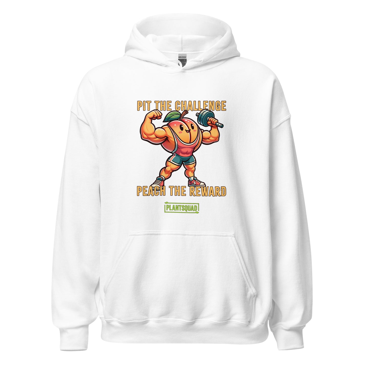 A Plantsquad Peach "Pit The Challenge Peach The Rewards" - Unisex Hoodie featuring a cartoon muscular peach lifting weights with green leaves as arms. Crafted from cozy fabric, the text above the peach reads "Pit the Challenge" and below it "Peach the Reward." Perfect for promoting a vegan lifestyle, the brand name "Plant Squad" appears at the bottom.