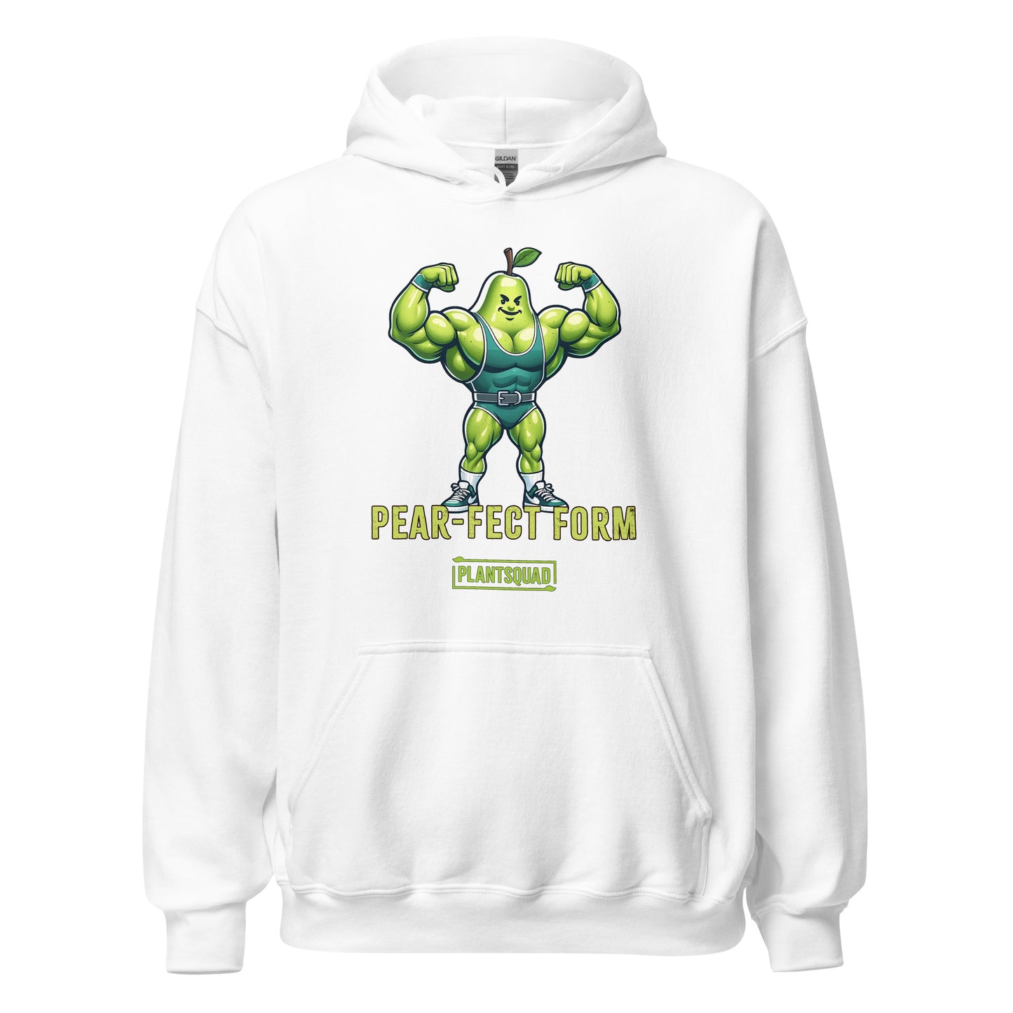 Plantsquad Pear "Pear-fect Form" - Unisex Hoodie featuring a cozy fabric and an illustration of a muscular pear cartoon flexing its biceps while wearing a blue weightlifting belt. The text underneath the pear reads "Pear-Fect Form" and below that is the logo "PlantSquad," perfect for showcasing your vegan lifestyle.