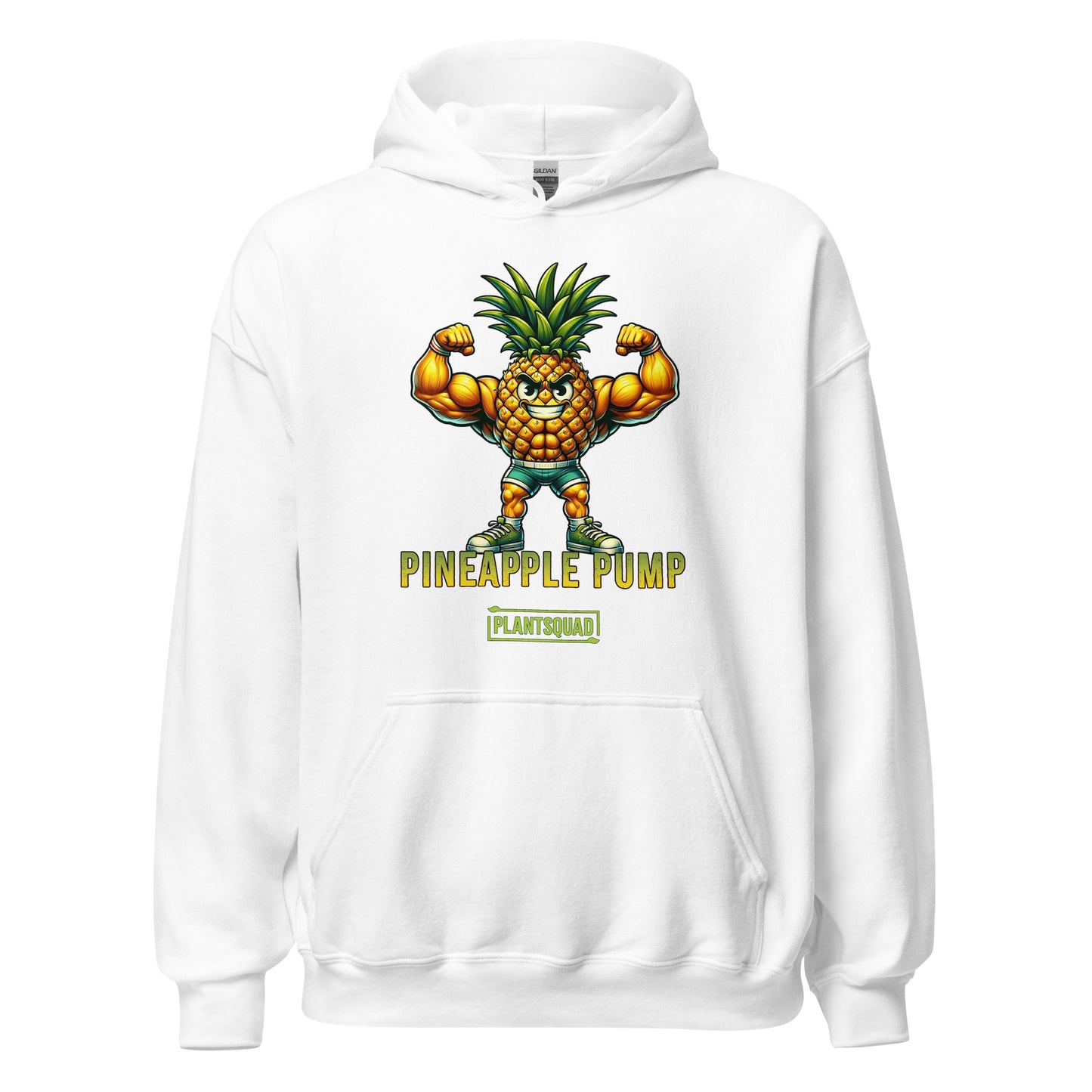 A black hooded sweatshirt features a muscular, anthropomorphic pineapple flexing its arms. Below the pineapple, the text reads "Pineapple Pump" with the brand name "PlantSquad" underneath. Perfect for gym enthusiasts embracing a vegan lifestyle, this Plantsquad Pineapple "Pineapple Pump" - Unisex Hoodie is both stylish and motivating.