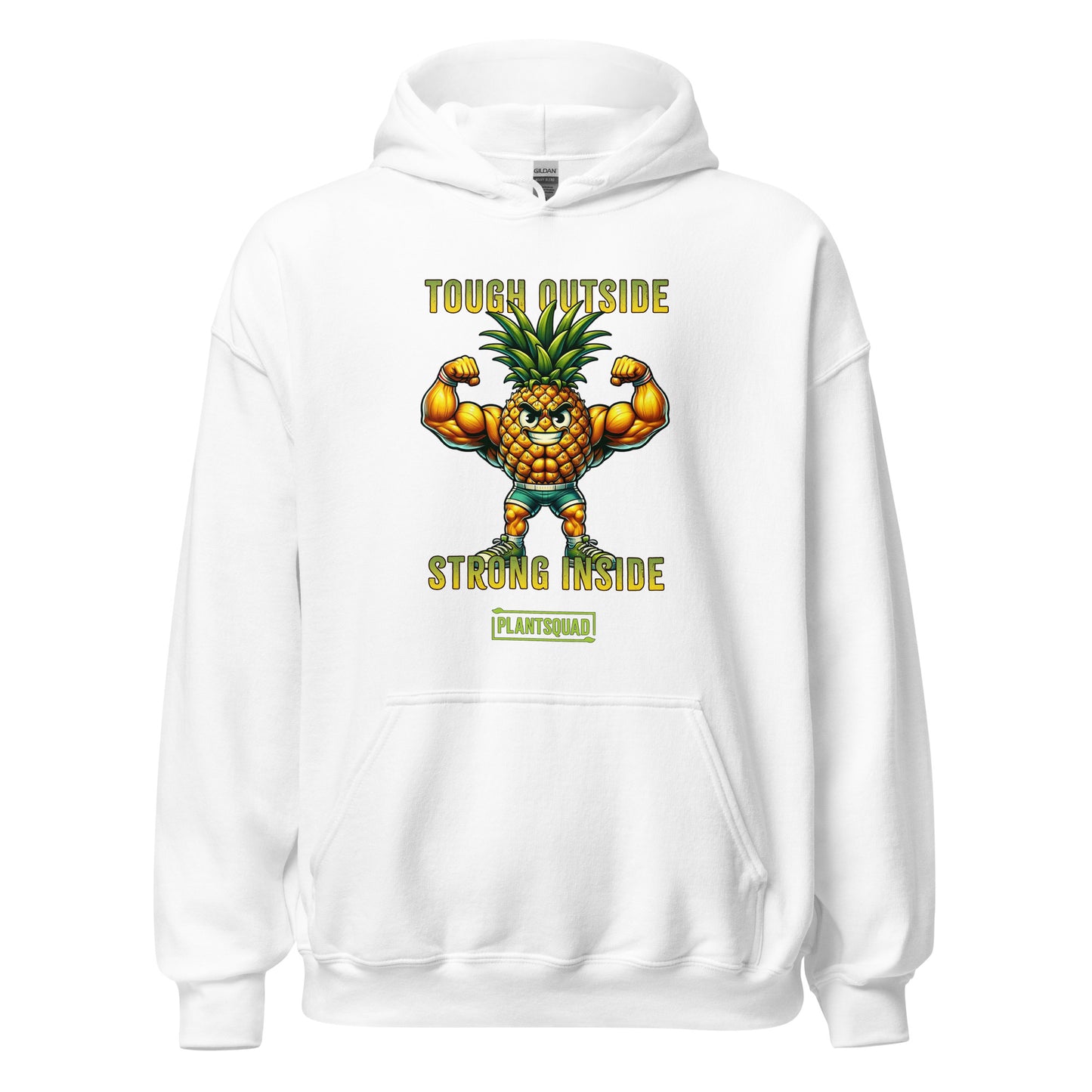 A cozy fabric black Plantsquad Pineapple "Tough Outside Strong Inside" - Unisex Hoodie featuring a muscular pineapple design with green leaves on its head. The pineapple flexes its muscles, with text above reading "Tough Outside," and below, "Strong Inside." Perfect for those embracing a vegan lifestyle, the word "PLANTSQUAD" is also proudly displayed.