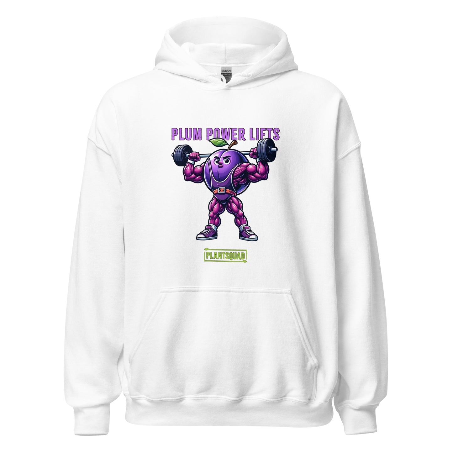 **Plantsquad Plum "Plum Power Lifts" - Unisex Hoodie** featuring a muscular cartoon plum character lifting barbells. Above the character, the text reads "PLUM POWER LIFTS" in purple letters. Below the character, the text reads "PLANT SQUAD" in green letters, perfect for those embracing a plant-based or vegan lifestyle.