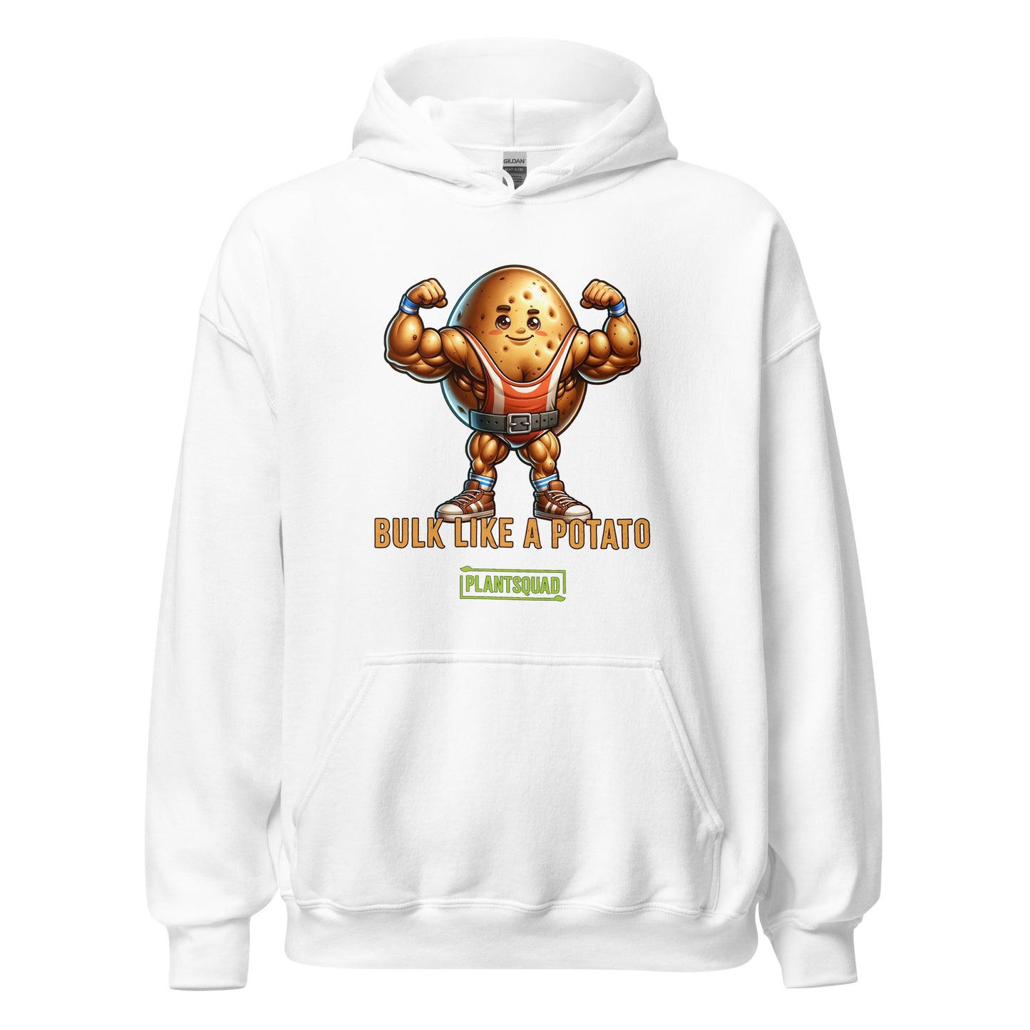 A Plantsquad Potato "Bulk Like A Potato" - Unisex Hoodie featuring a muscular cartoon potato character flexing its biceps. The text below the character reads "BULK LIKE A POTATO," with the word "PLANTSQUAD" in a green box underneath. Perfect for embracing a vegan lifestyle while staying cozy and showcasing your love for weight lifting.