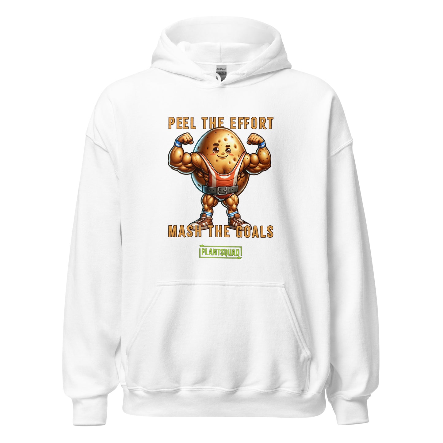 The Plantsquad Potato "Peel The Effort Mash The Goals" - Unisex Hoodie features a muscular potato character lifting weights. Above and below the potato, texts read "Peel The Effort" and "Mash The Goals." Promoting a vegan lifestyle, the word "PlantSquad" is displayed beneath the potato graphic.