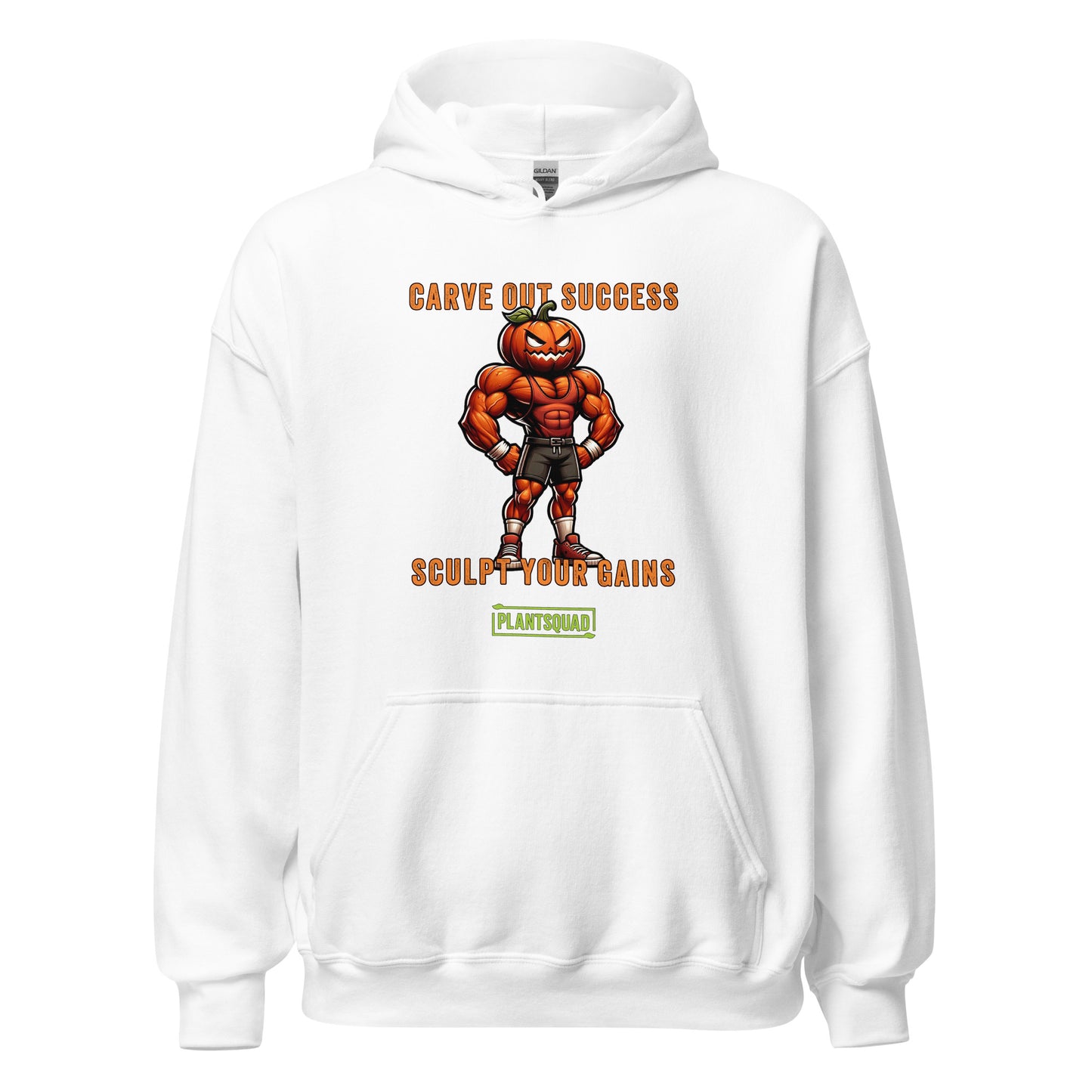 A black weight lifting hoodie features an illustration of a muscular pumpkin-headed figure in workout attire. The text above and below reads "Carve Out Success" and "Sculpt Your Gains," with a small "PlantSquad" logo at the bottom, celebrating the vegan lifestyle. This is the Plantsquad Pumpkin "Carve Out Your Success Sculpt Your Gains" - Unisex Hoodie.