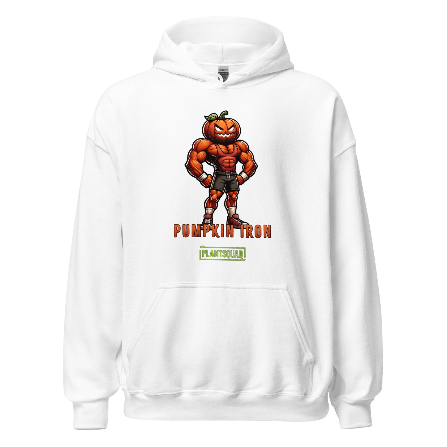 The Plantsquad Pumpkin "Pumpkin Iron" - Unisex Hoodie showcases a muscular pumpkin design, with a cartoon character flexing its muscles under the text "PUMPKIN IRON" in vibrant orange. Below, a green bar labeled "PLANTSQUAD" represents the vegan lifestyle, creating the perfect blend of fitness and plant-based living.