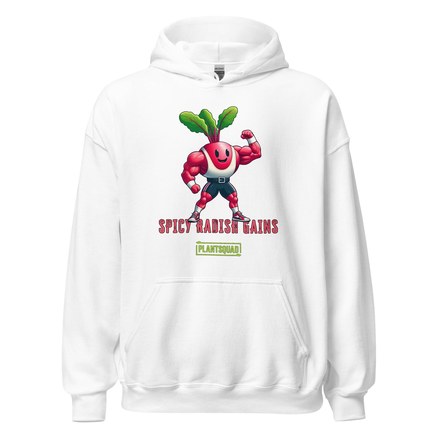 A Plantsquad Radish "Spicy Radish Gains" - Unisex Hoodie made of cozy fabric displays a cartoon radish character with muscular arms, flexing one arm. The radish has a smiling face and green leaves on top. Below it, the text reads "SPICY RADISH GAINS" in bold red letters, with a green banner reading "PLANTSQUAD" underneath—a perfect fit for the vegan lifestyle and weight lifting enthusiasts.