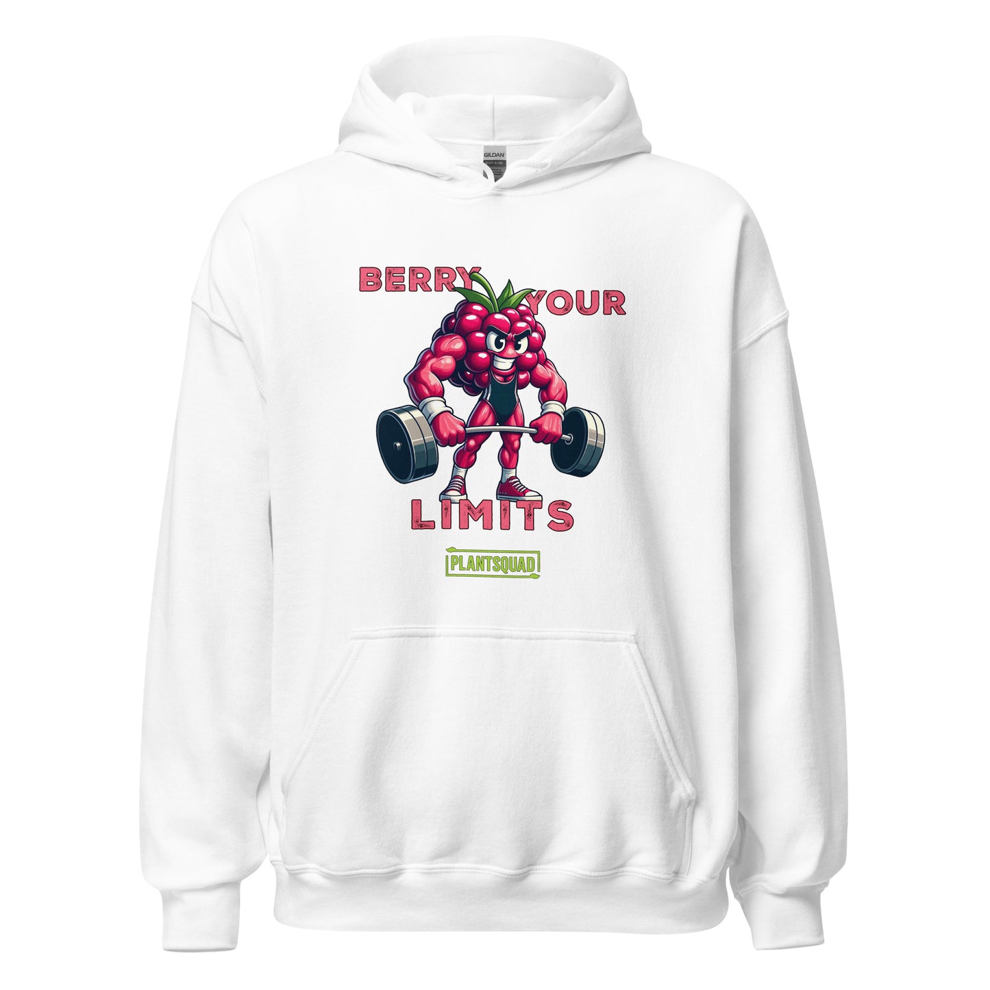 A black hoodie with a printed cartoon image of a muscular strawberry character lifting dumbbells. The text above reads "Berry Your Limits," perfect for those embracing a vegan gym wear style, and "Plantsquad" is written below the character. Introducing the Plantsquad Raspberry "Berry Your Limits" - Unisex Hoodie.