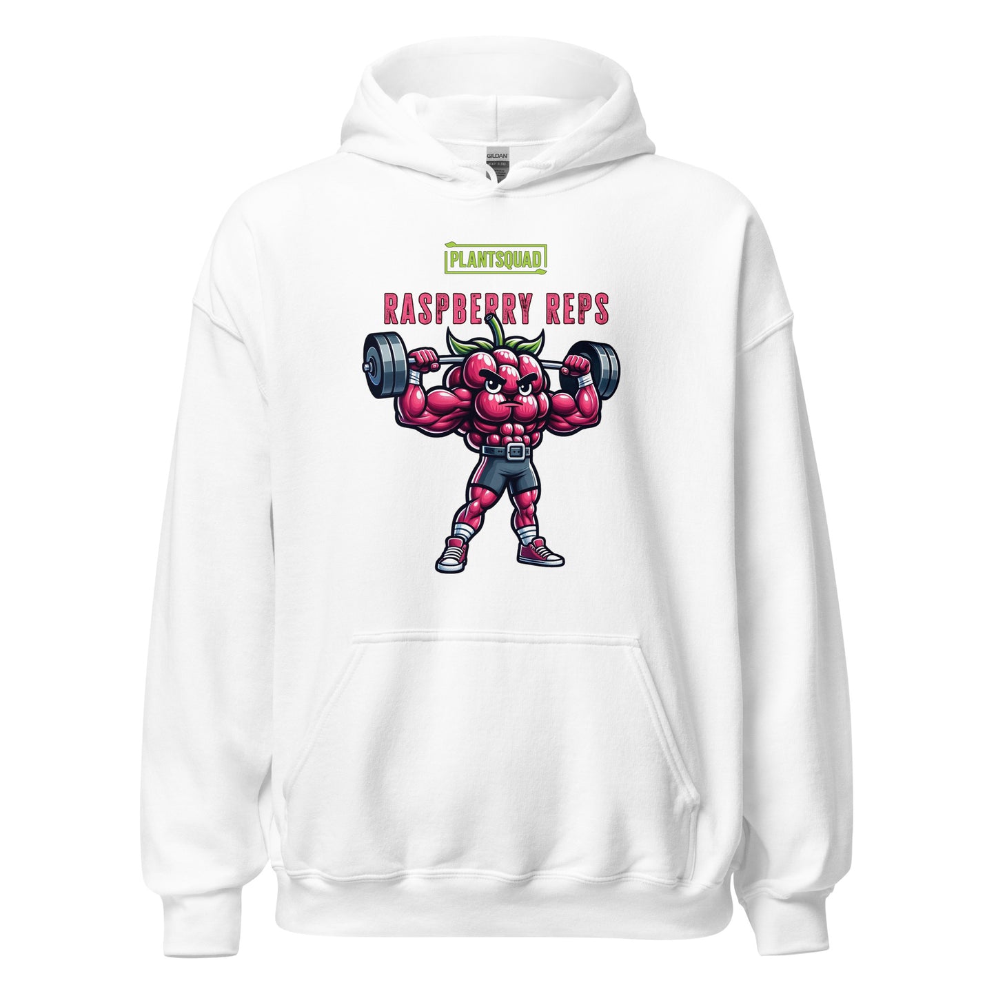 A black weight-lifting Plantsquad Raspberry "Raspberry Reps" - Unisex Hoodie featuring a muscular, animated raspberry character lifting a barbell. The text above the character reads "PLANTSQUAD" and below it says "Raspberry Reps." Perfect for gym enthusiasts embracing a plant-based vegan lifestyle, the design is colorful and playful, emphasizing fitness with a fun, fruity twist.