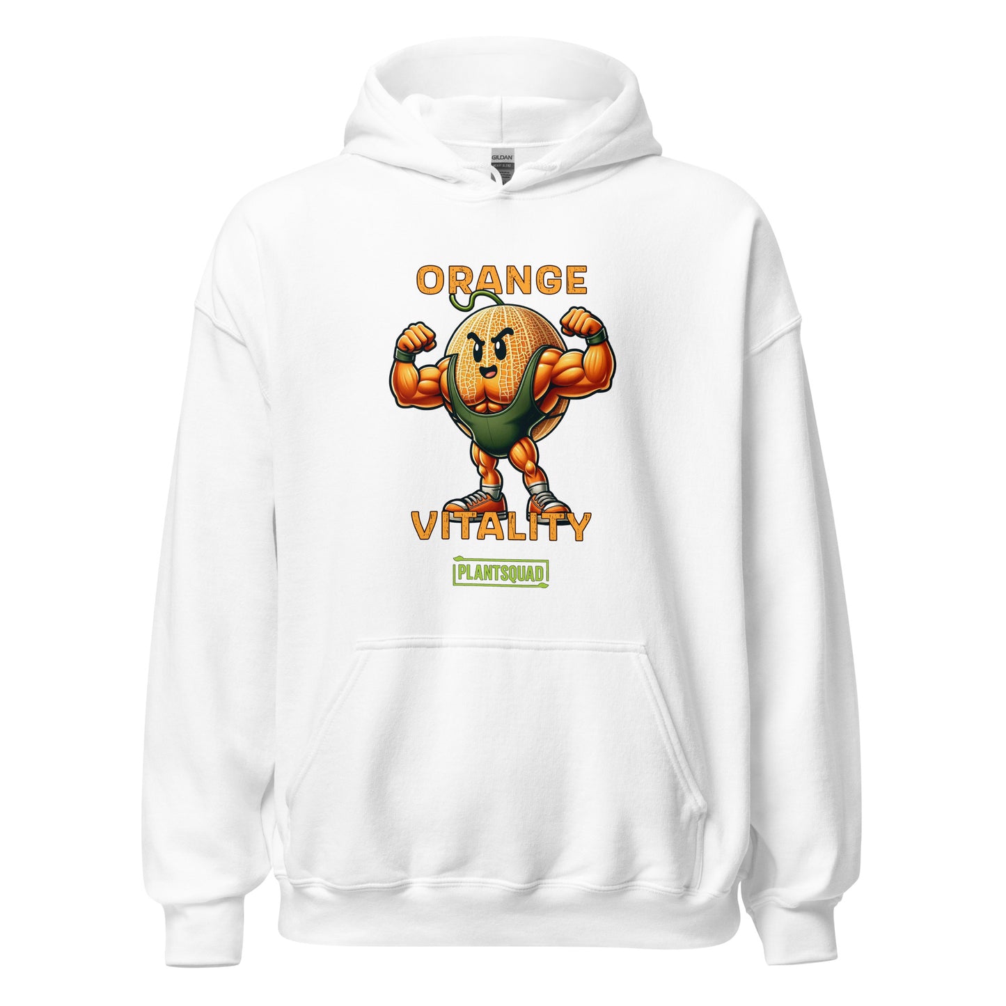 A black hooded sweatshirt boasts a muscular, cartoon orange with a fierce expression, flexing its arms. Above the orange, text reads "ORANGE VITALITY." Below it, a logo with the text "PLANTSQUAD" celebrates the vegan lifestyle. The product is called Plantsquad Rockmelon "Orange Vitality"" - Unisex Hoodie.